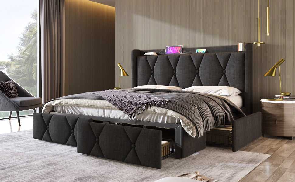 Logidon upholstered bed 140x200cm gray with USB charging function 4 drawers