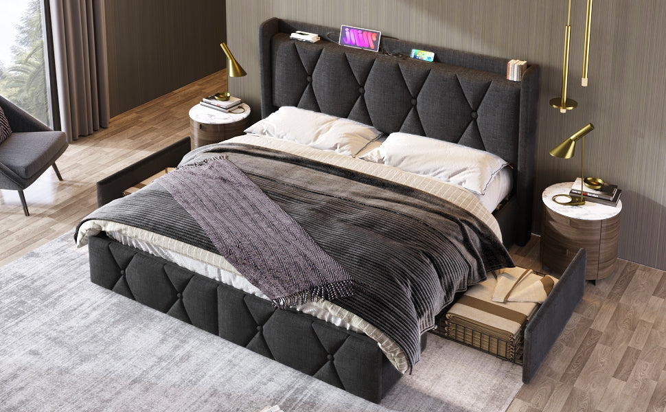 Logidon upholstered bed 140x200cm gray with USB charging function 4 drawers