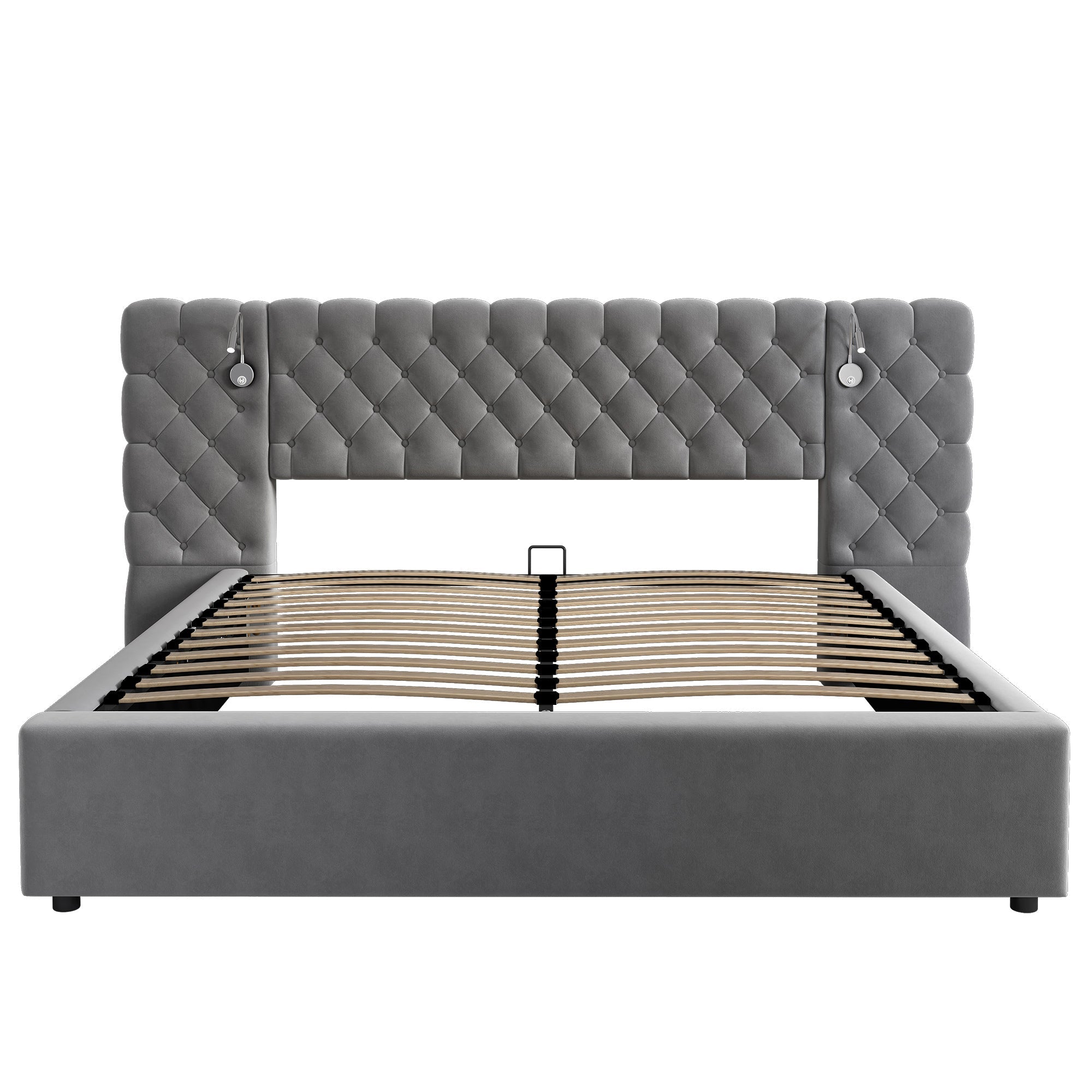 Logidon gestoffeerd bed 160x200 cm grijs fluweel opbergruimte LED verlichting hoofdeinde