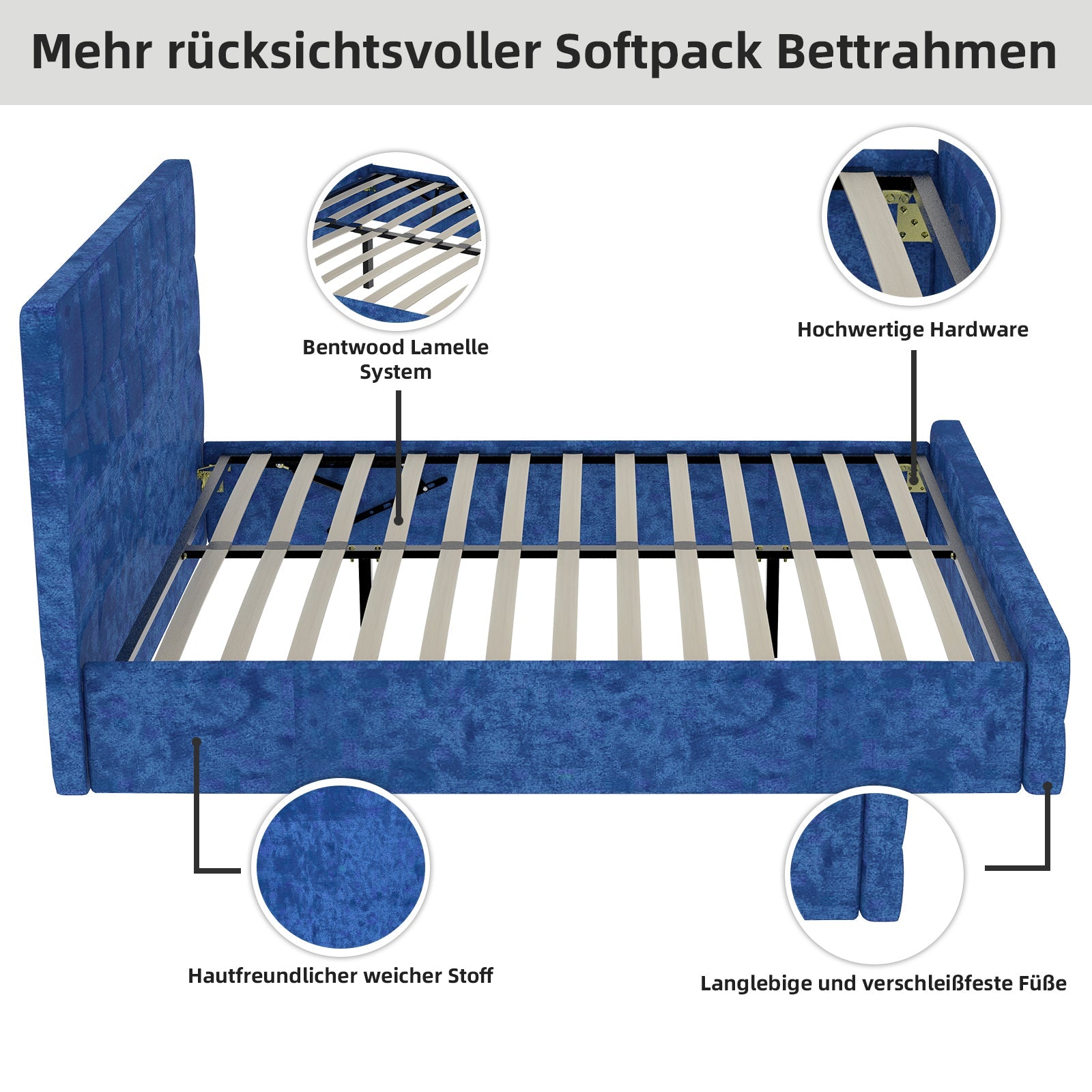 Logidon fluwelen bed 160x200 met hoofdbord en opbergruimte blauw
