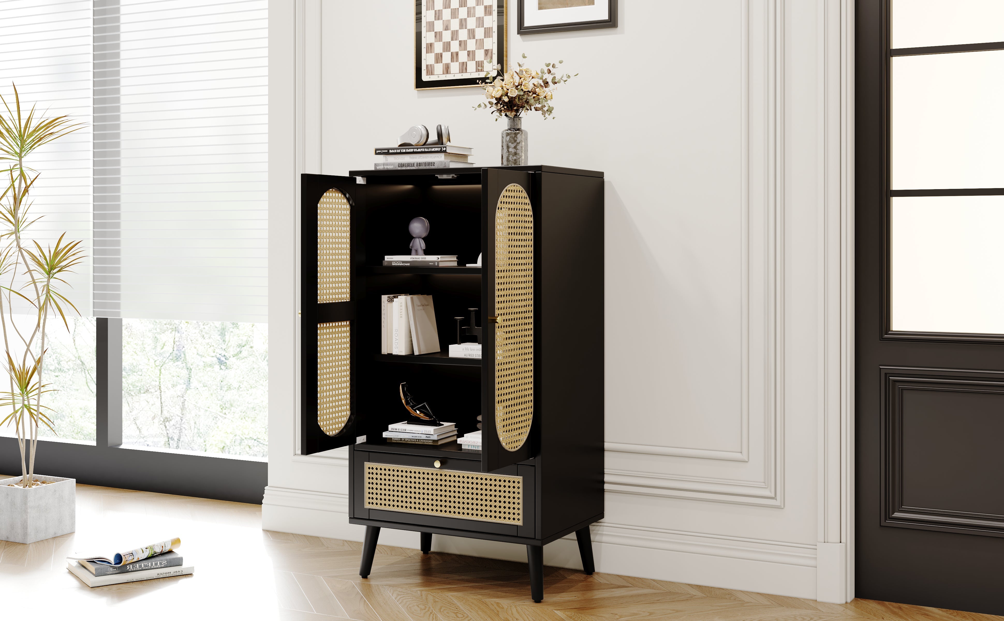 Logidon Compact Dressoir 1,1 m Zwart Rotan 2 Deurs 1 Lade