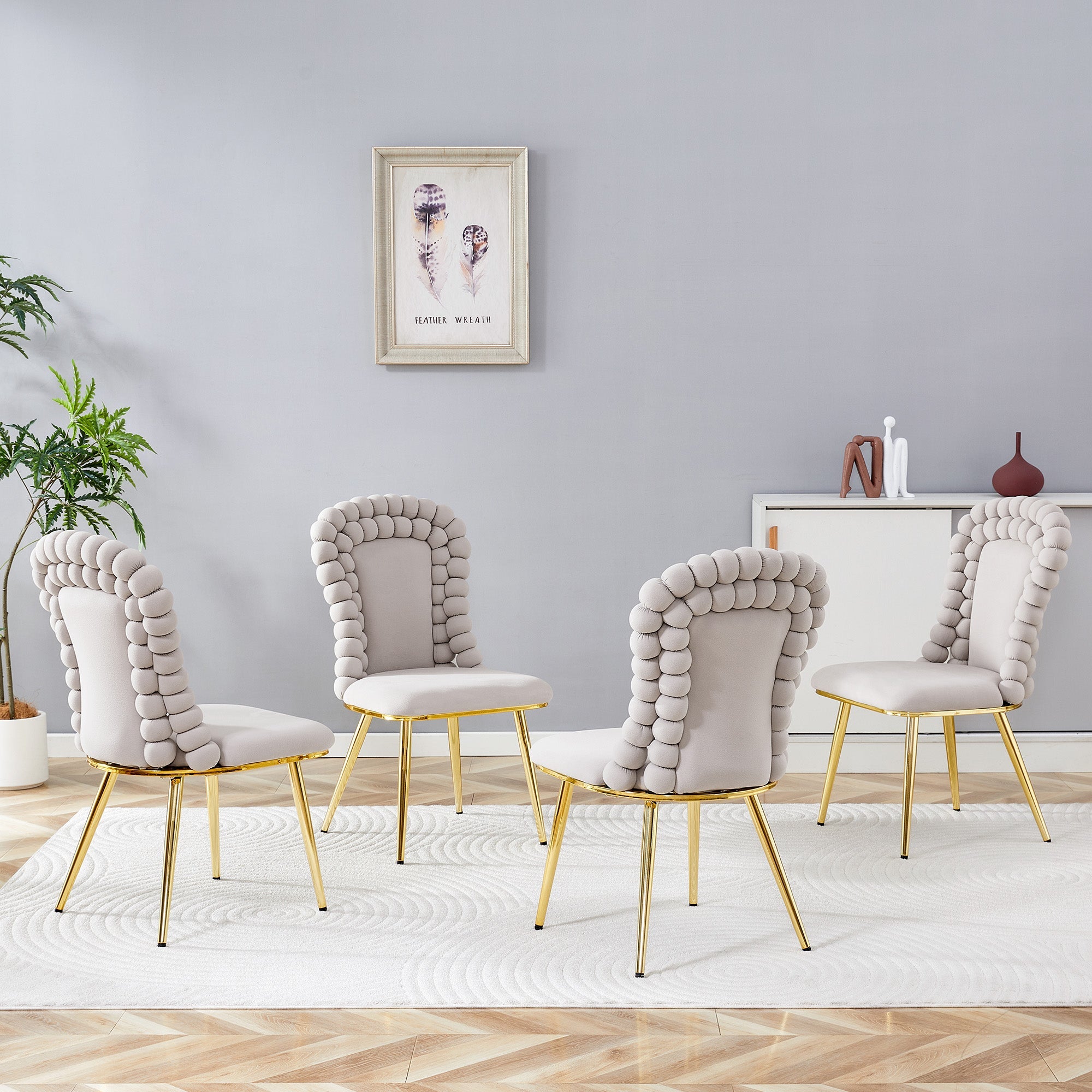 Logidon Set van 2 lichtgrijze fluwelen eetkamerstoelen met rugleuning met kogelketting