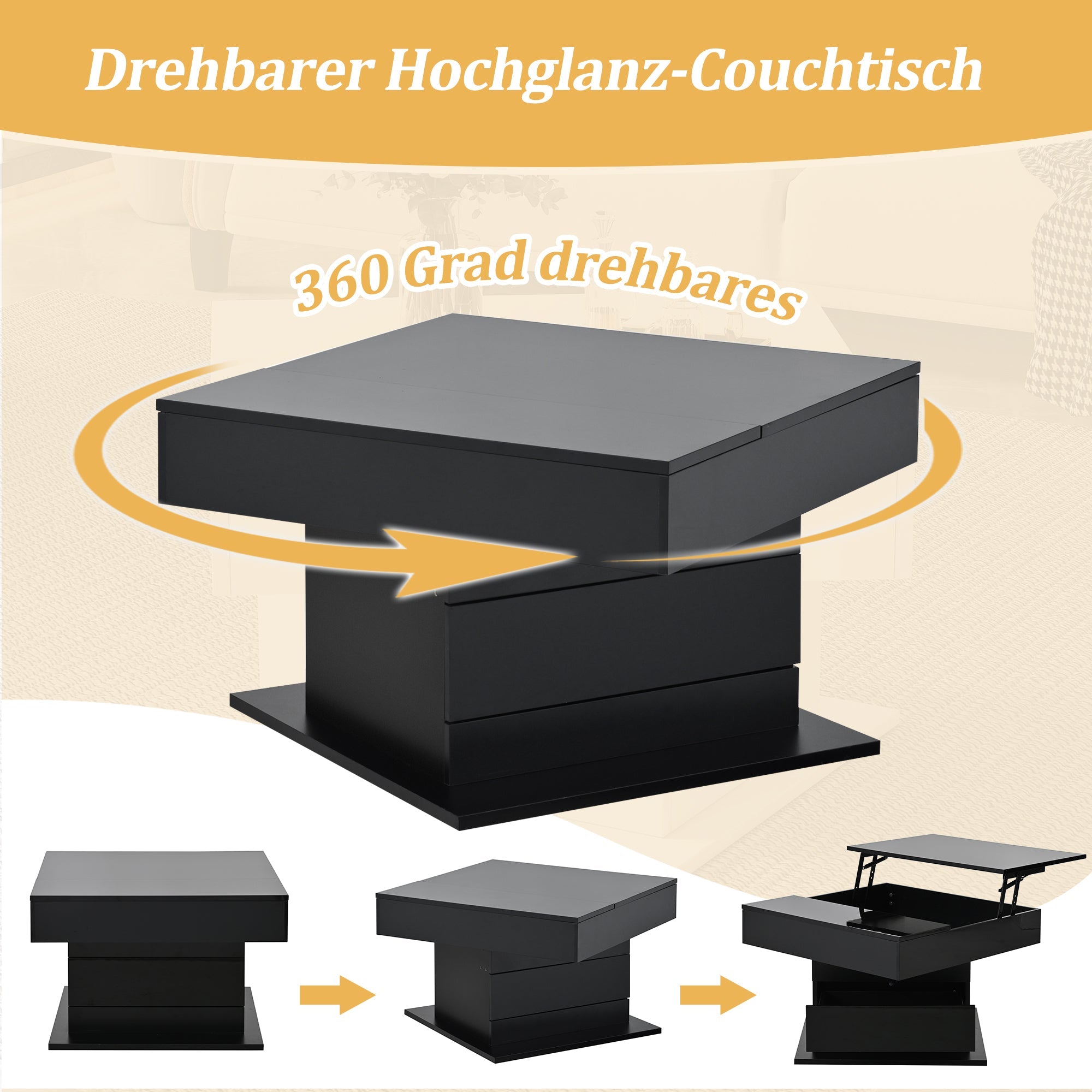 Logidon Salontafel 70x70 cm met draaibaar blad en lade zwart