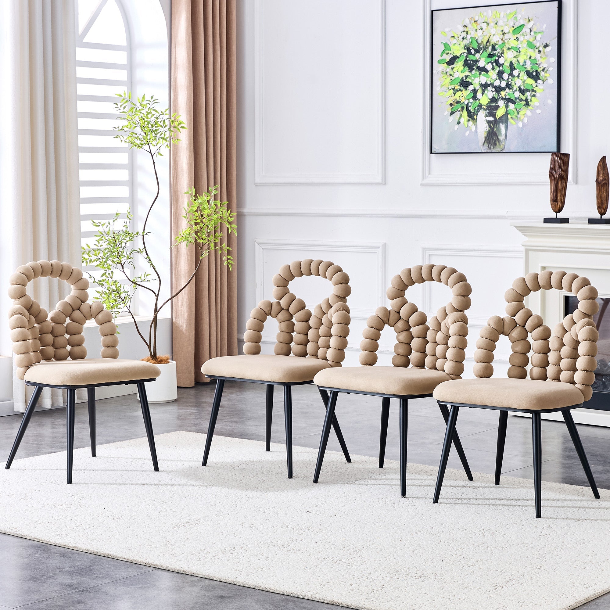 Logidon beige fluwelen eetkamerstoelen set met 2 kogelketting rugleuning