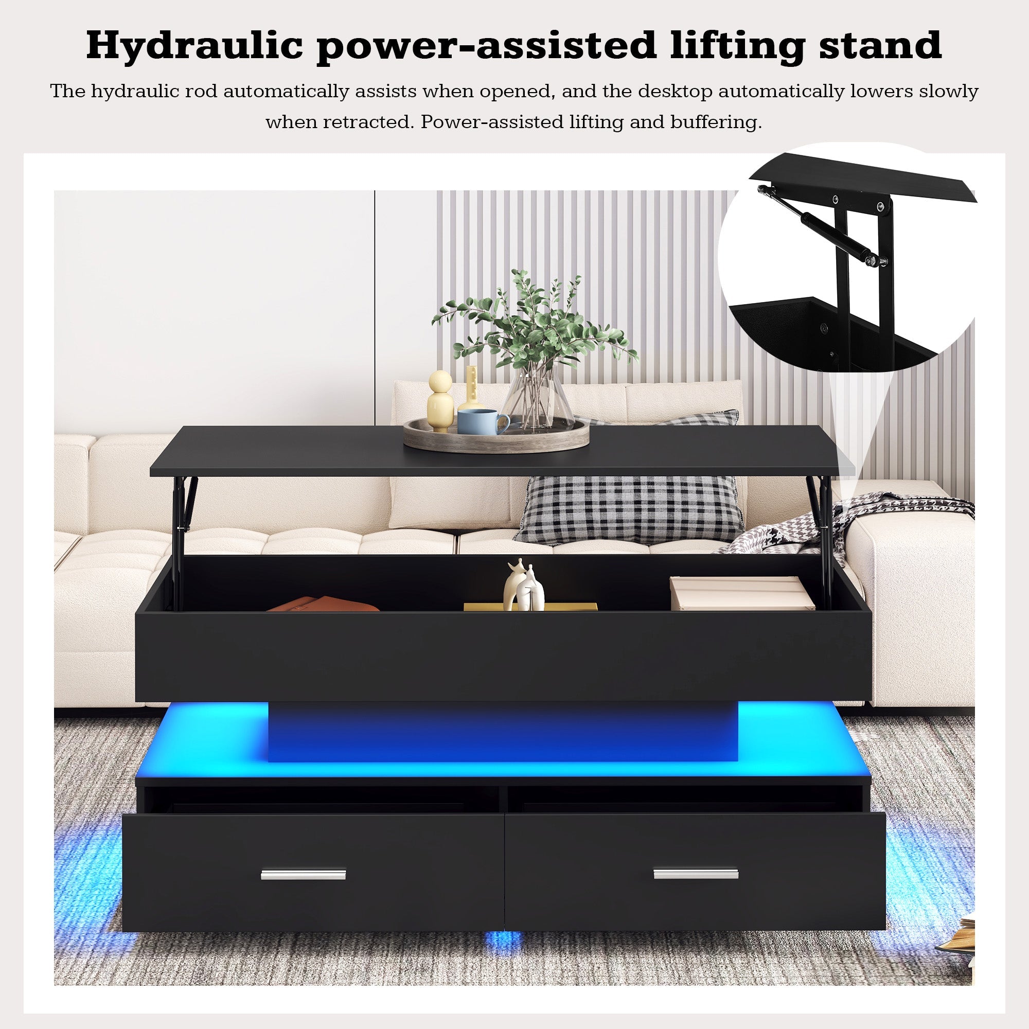 Logidon Verstelbare Salontafel 100x50x44 cm Zwart LED Verlichting