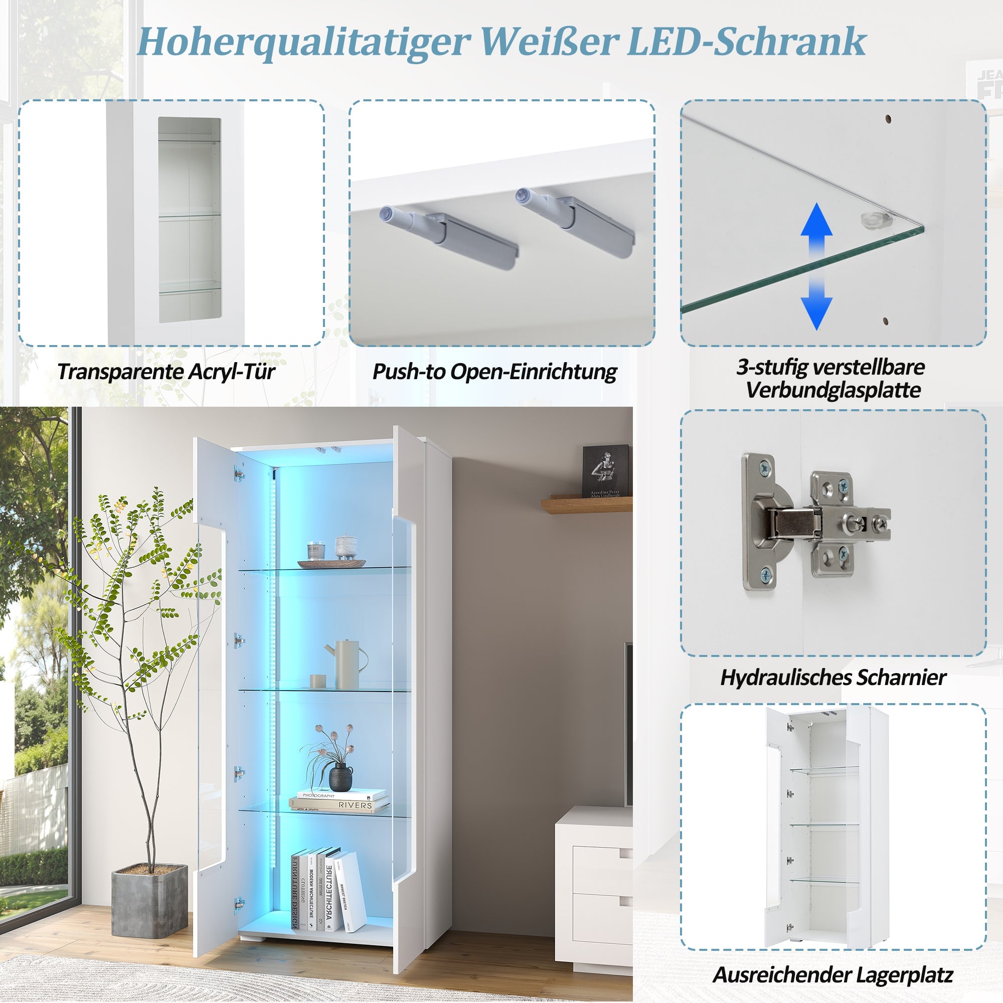 Logidon hoogglans vitrinekast 70x40x173 cm wit met LED-verlichting