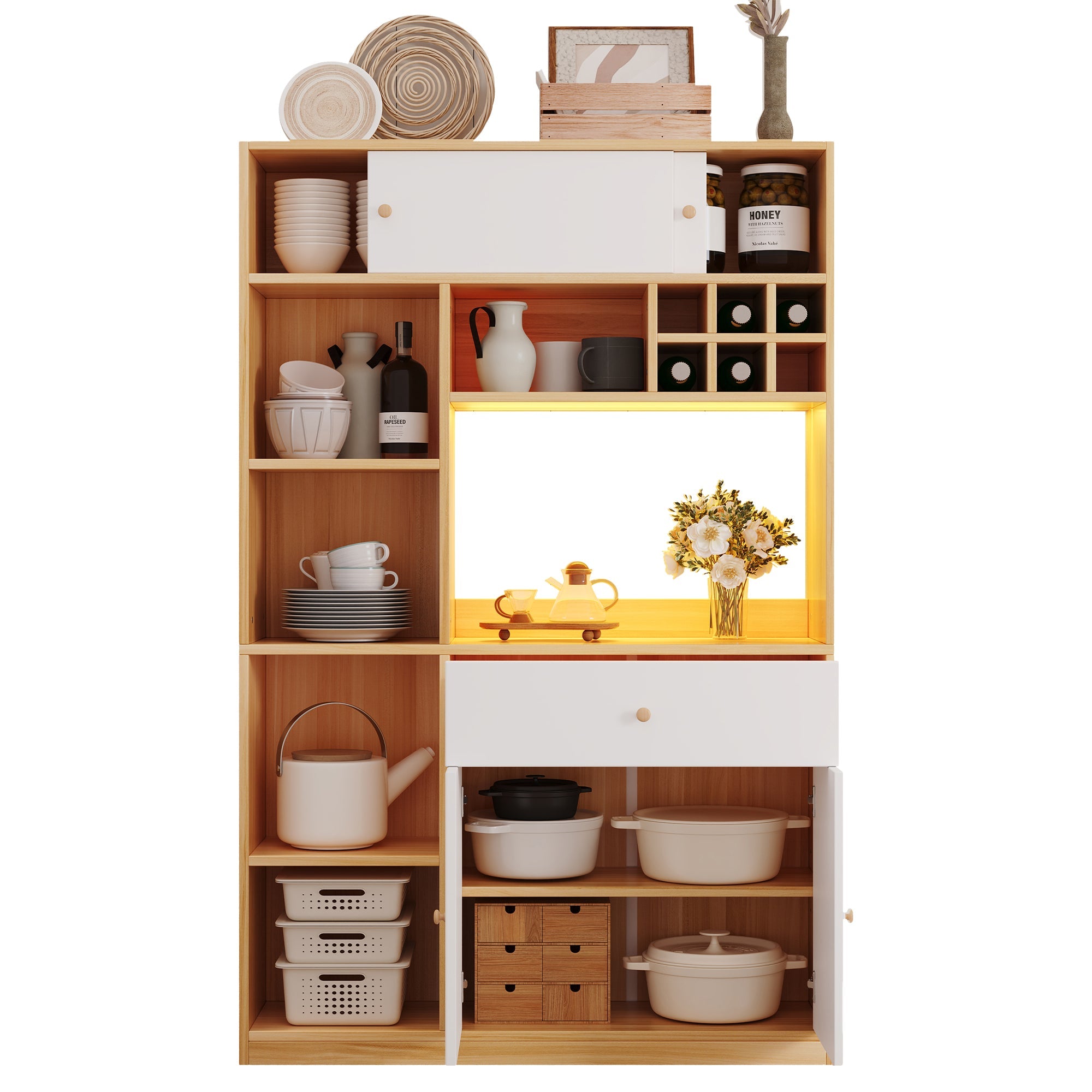 Logidon keukenkast buffet met LED-verlichting, 115x35x180 cm, naturel