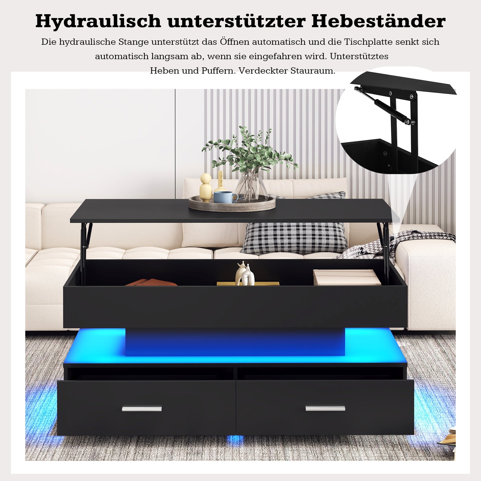 Logidon Verstelbare Salontafel 100x50x44 cm Zwart LED Verlichting