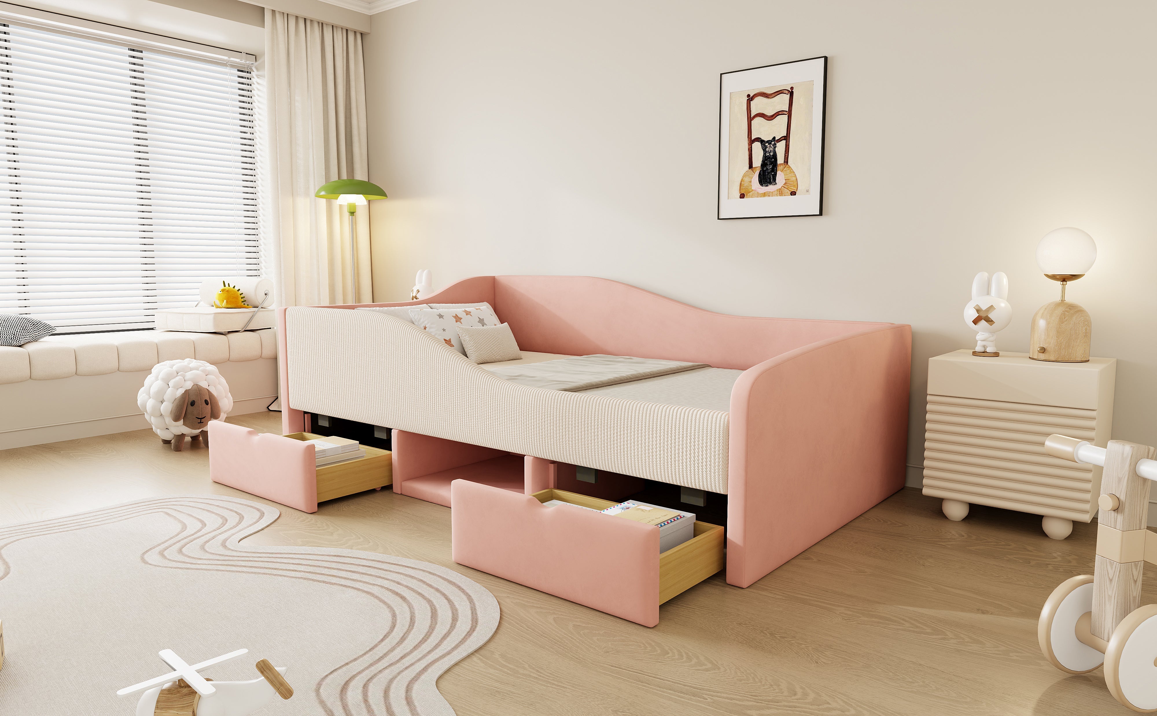 Logidon gestoffeerd bed 90x190 roze crème wit fluweel stof twee lades