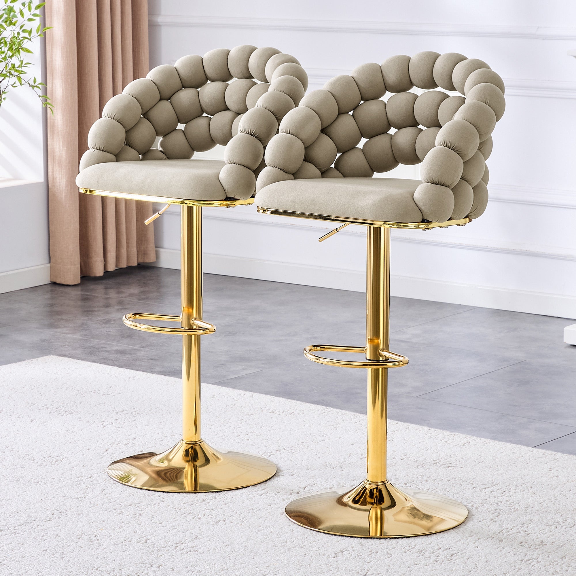 Logidon grijze fluwelen barkrukken set van 2 kogelketting rugleuning gouden frame