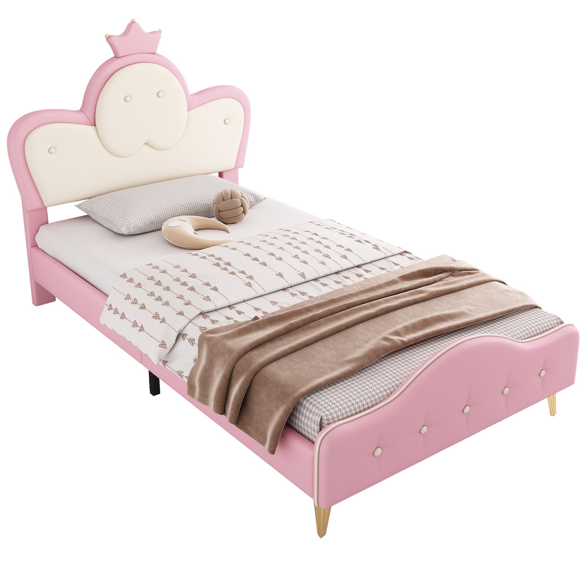 Logidon gestoffeerd bed kinderbed roze wit 90x200 met kroonhoofdbord