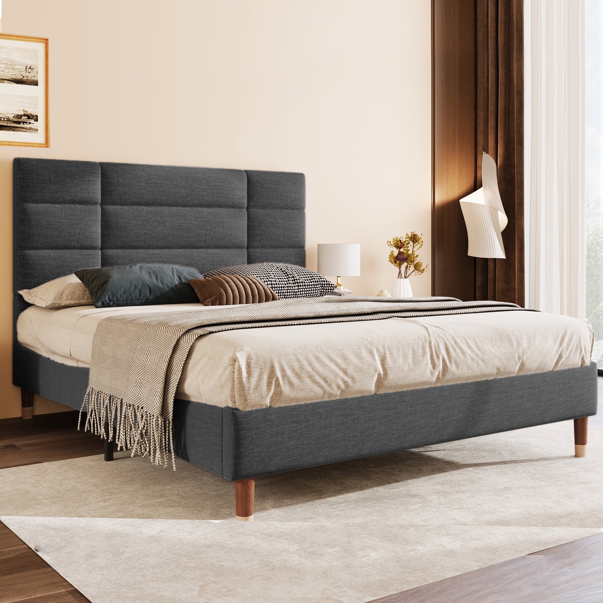 Logidon upholstered bed double bed 140x200 with slatted frame dark gray linen