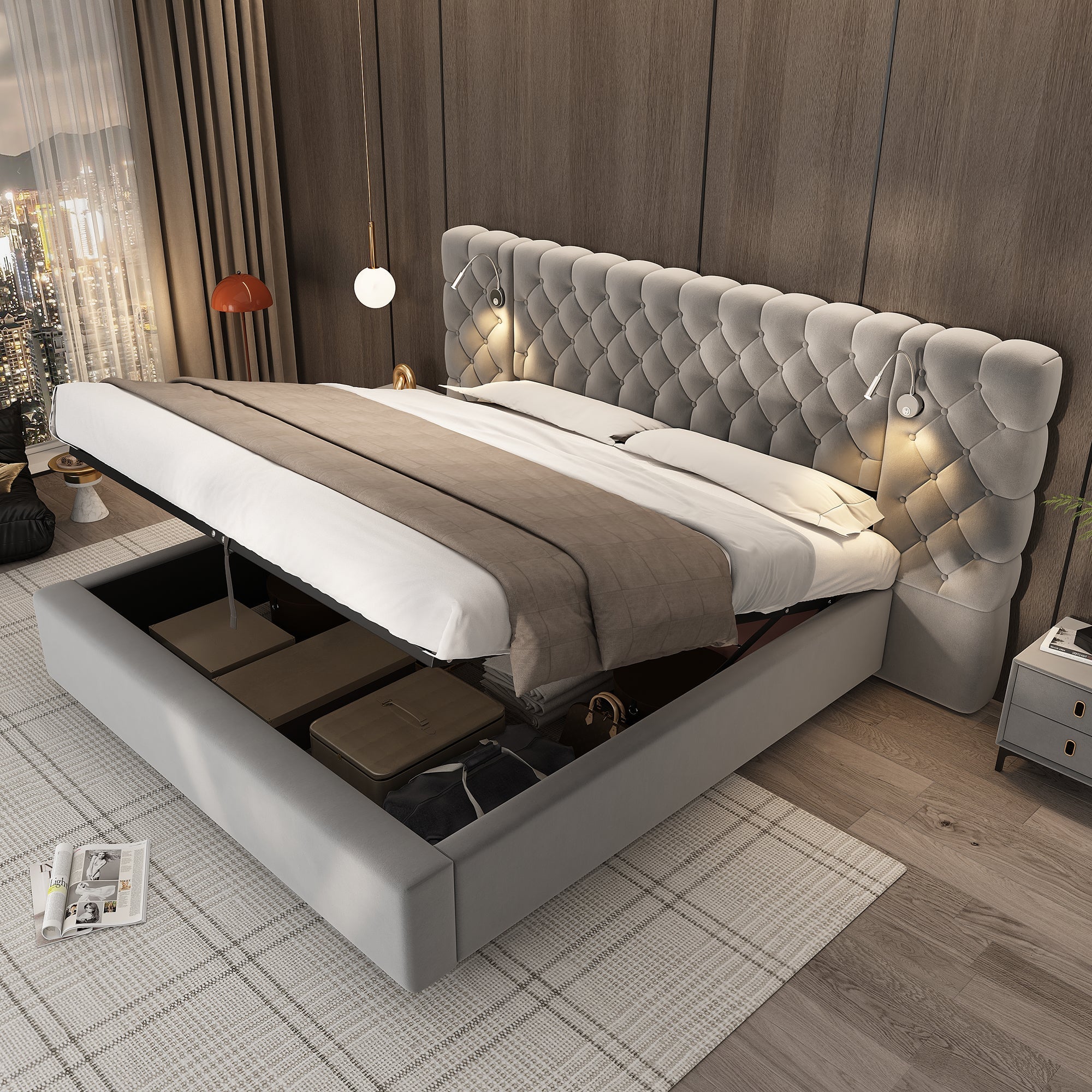 Logidon upholstered bed 180 x 200 cm with hydraulic storage space LED gray