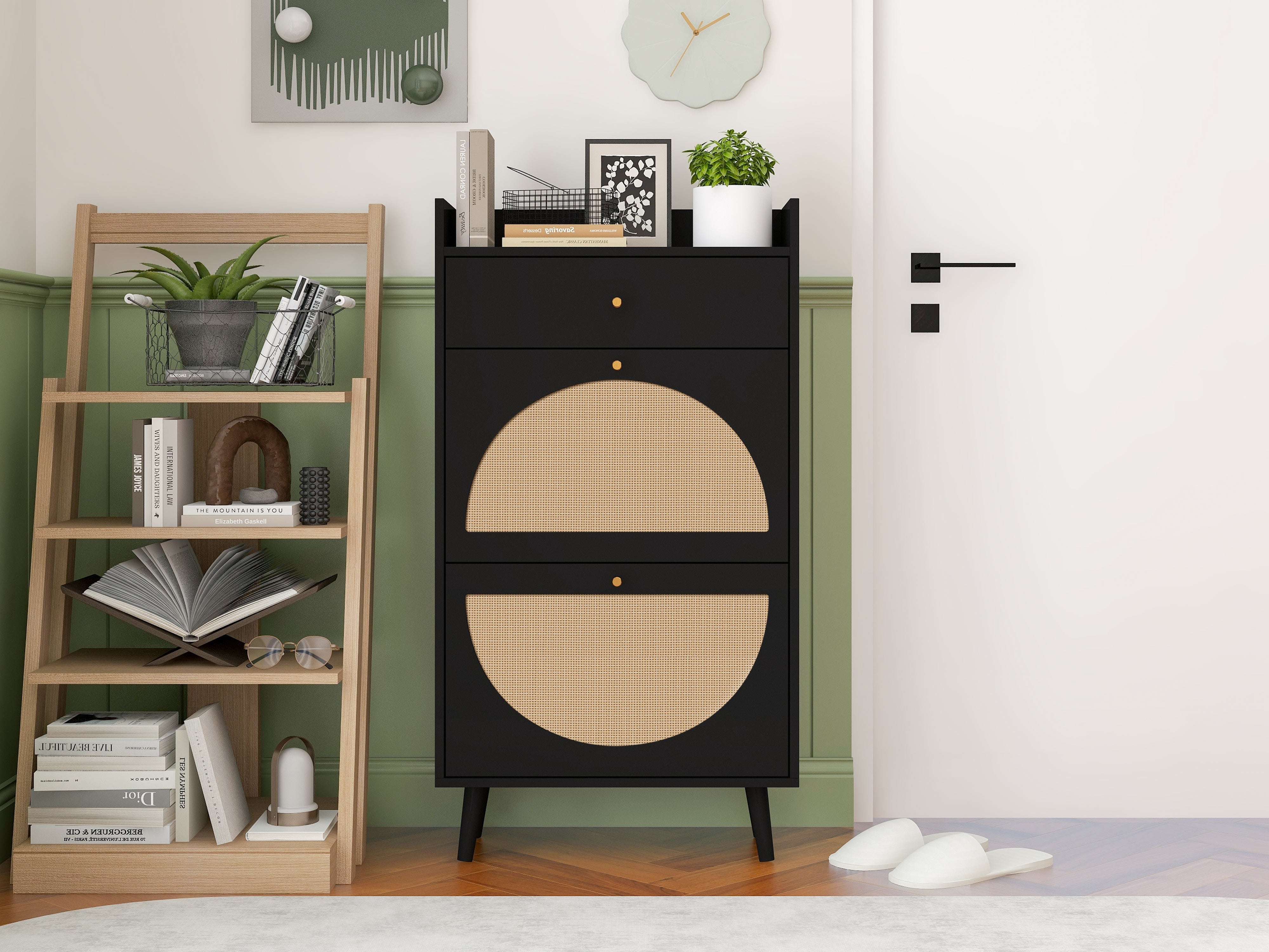 Logidon Schoenenkast Zwart Rotan Look Twee Deuren 60 cm Lengte