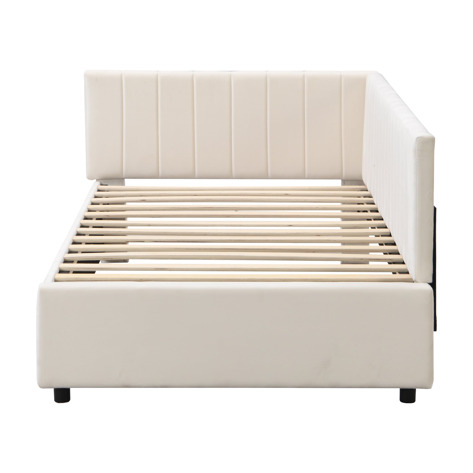 Logidon gestoffeerd bed 90x200 multifunctioneel bed met lattenbodem beige fluweel