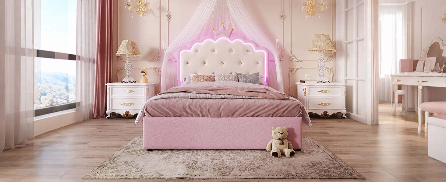 Logidon gestoffeerd bed 140x200 roze met lattenbodem LED-verlichting