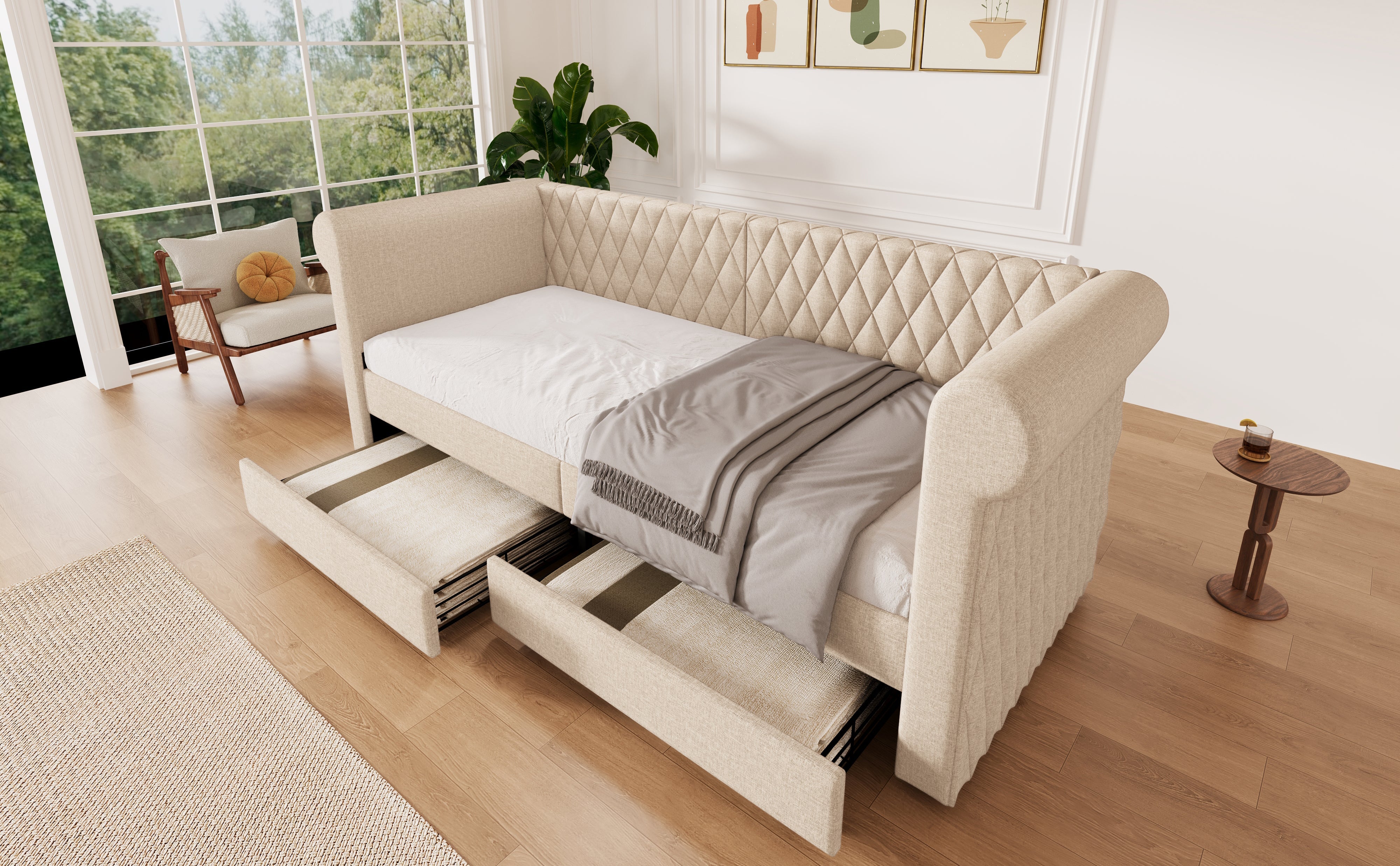 Logidon Vintage Upholstered Bed 90x200 Beige Linen Sofa Bed With Storage Space