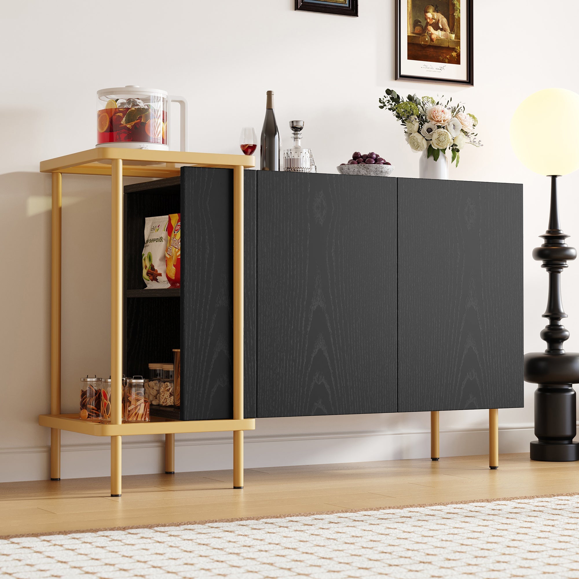 Logidon Dressoir Zwart Glazen Blad En Metalen Poten 120x40x77.5