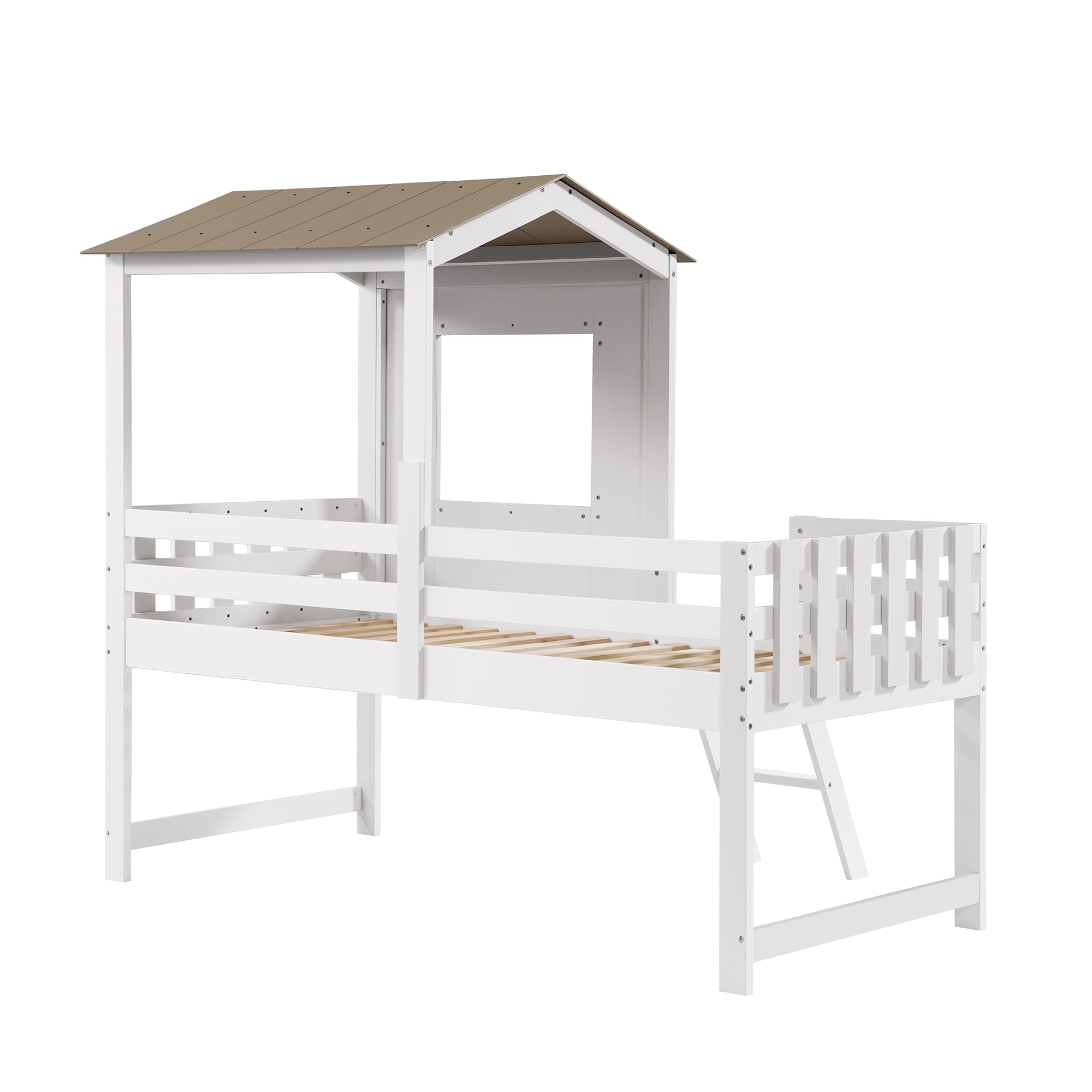 Logidon kinderbed halfhoogslaper met dakraam 90x200 wit naturel