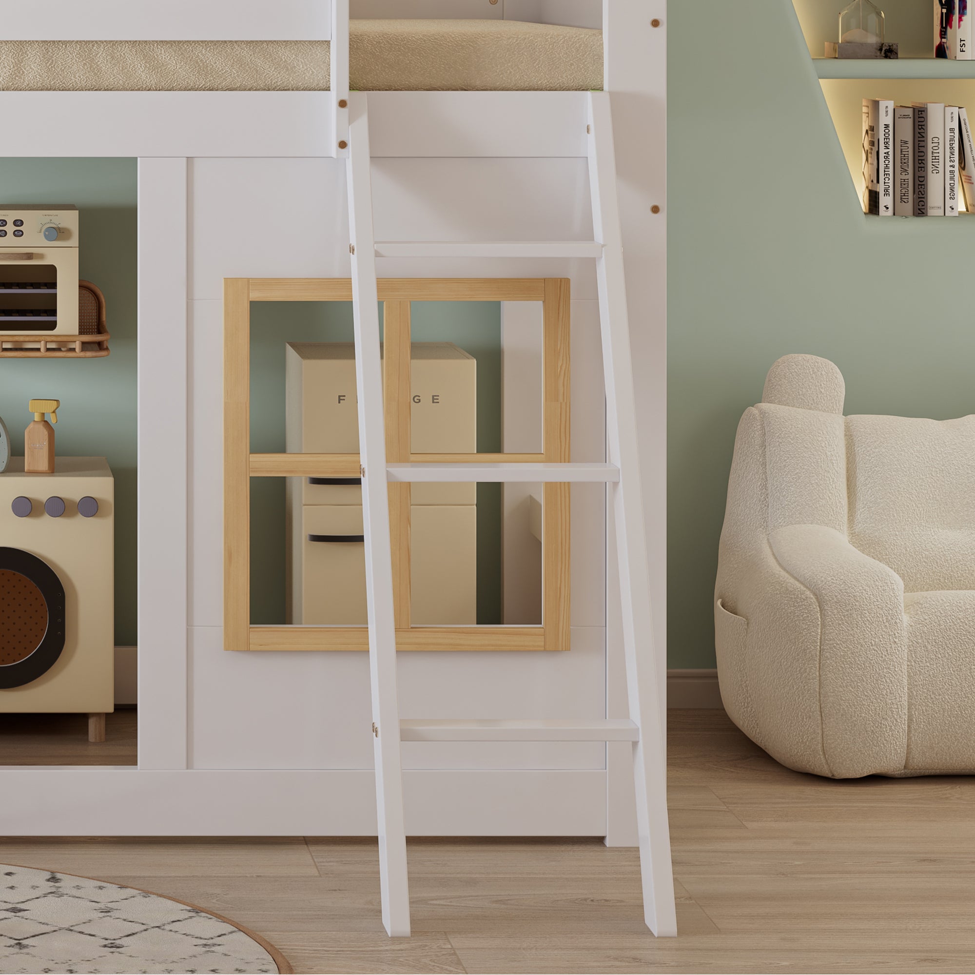 Logidon stapelbed 90x200 wit naturel met vierzijdig hekwerk