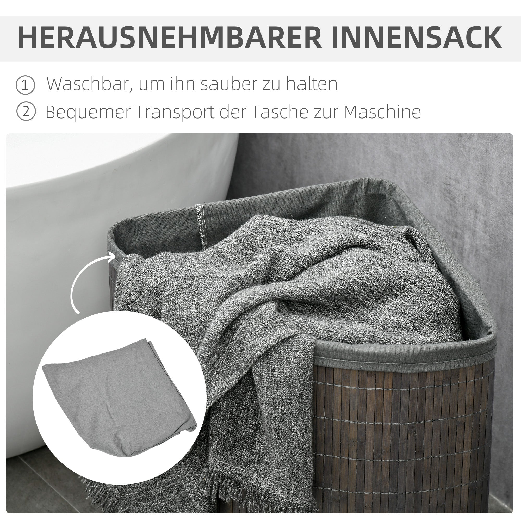 Logidon Vierkante Bamboe Wasmand 55L Grijs 38x38x57 cm Met Deksel Binnenzak