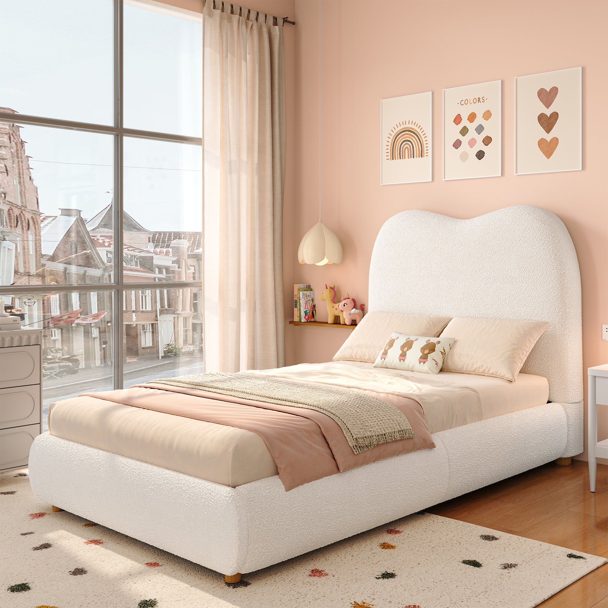 Logidon Hydraulisch Kinderbed 90 x 200 cm met Opbergruimte Beige Bouclé