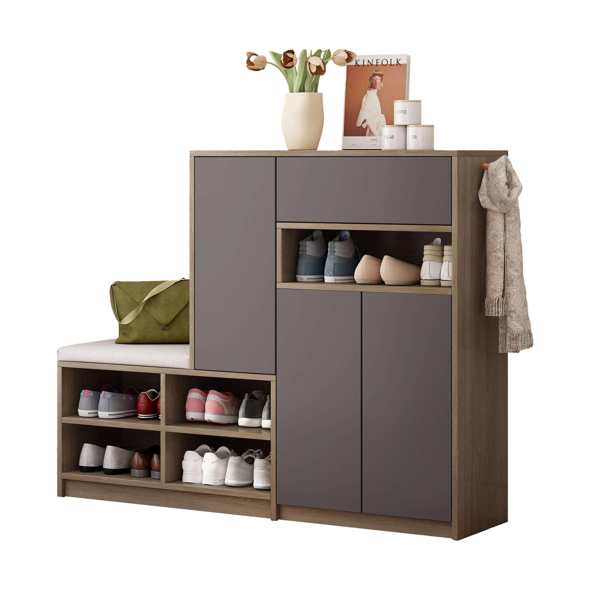 Logidon Schoenenbank Grijs Met Gewatteerde Zitting Verstelbare Planken 140x35x110 cm