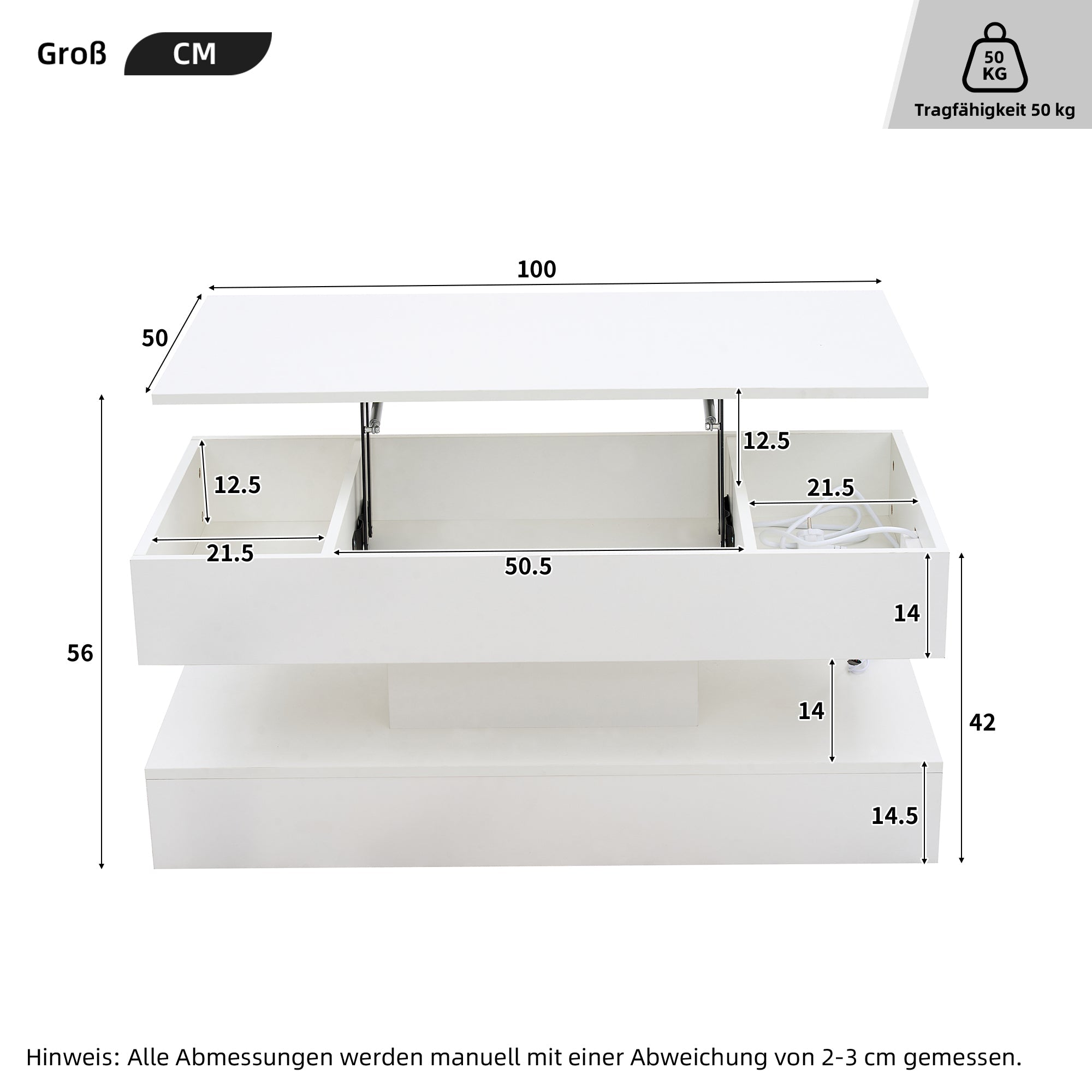 Logidon salontafel LED-verlichting en opbergruimte wit 100x50 cm