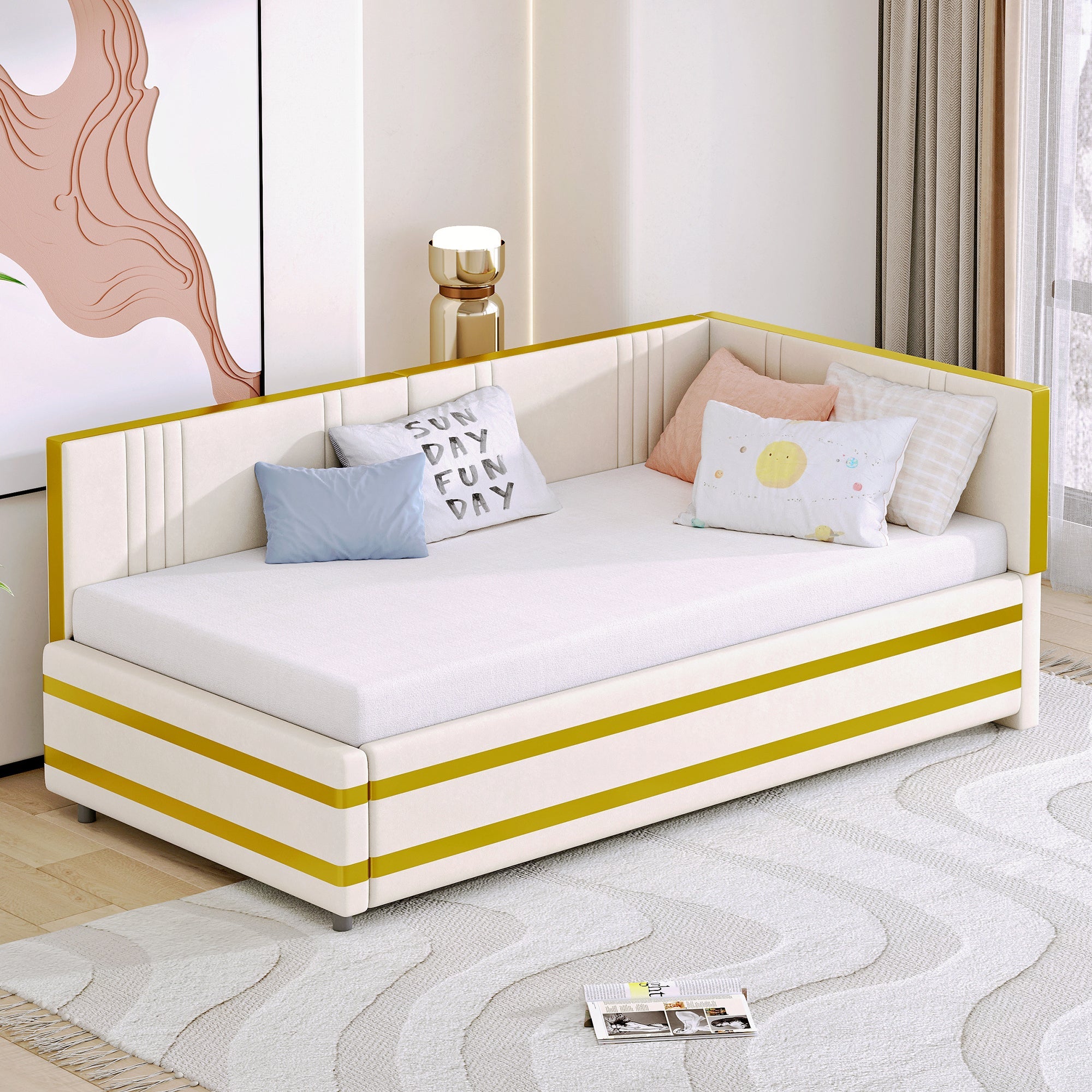 Logidon gestoffeerd bed 90x200 beige met lattenbodem multifunctioneel bed