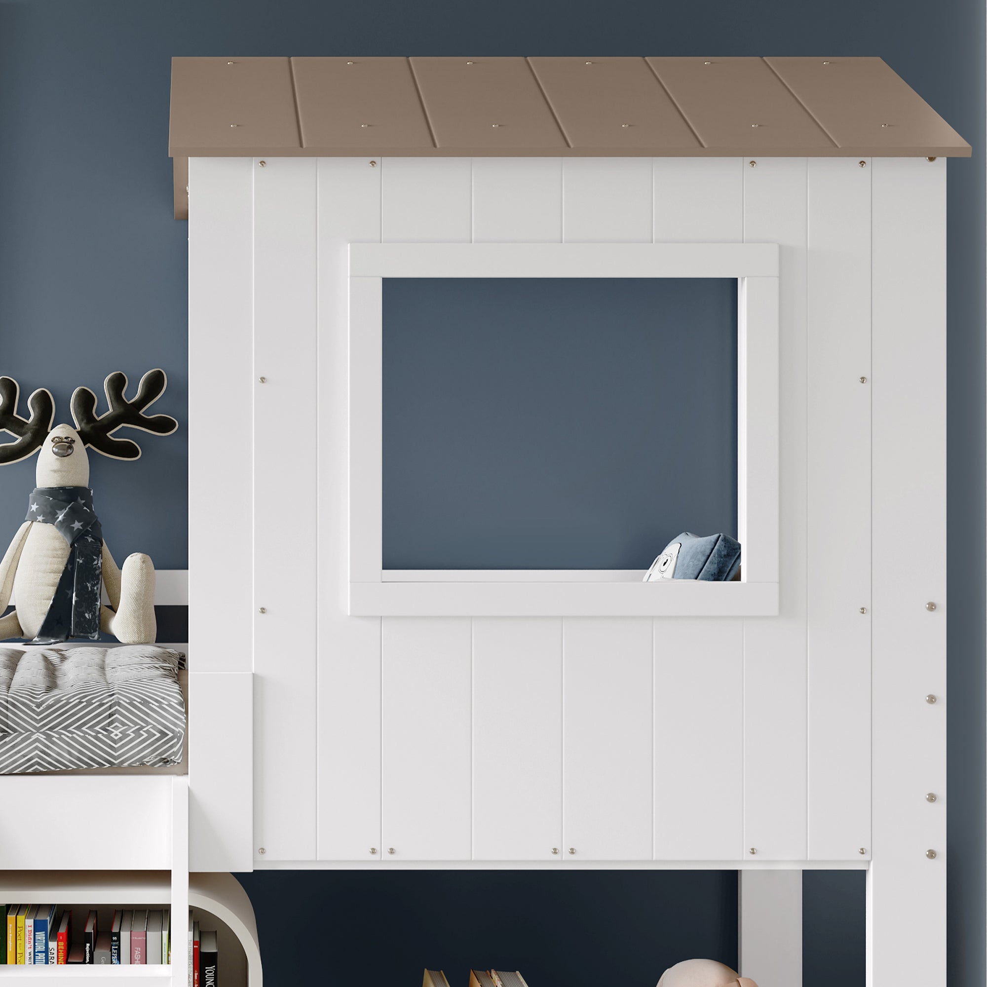 Logidon kinderbed halfhoogslaper met dakraam 90x200 wit naturel