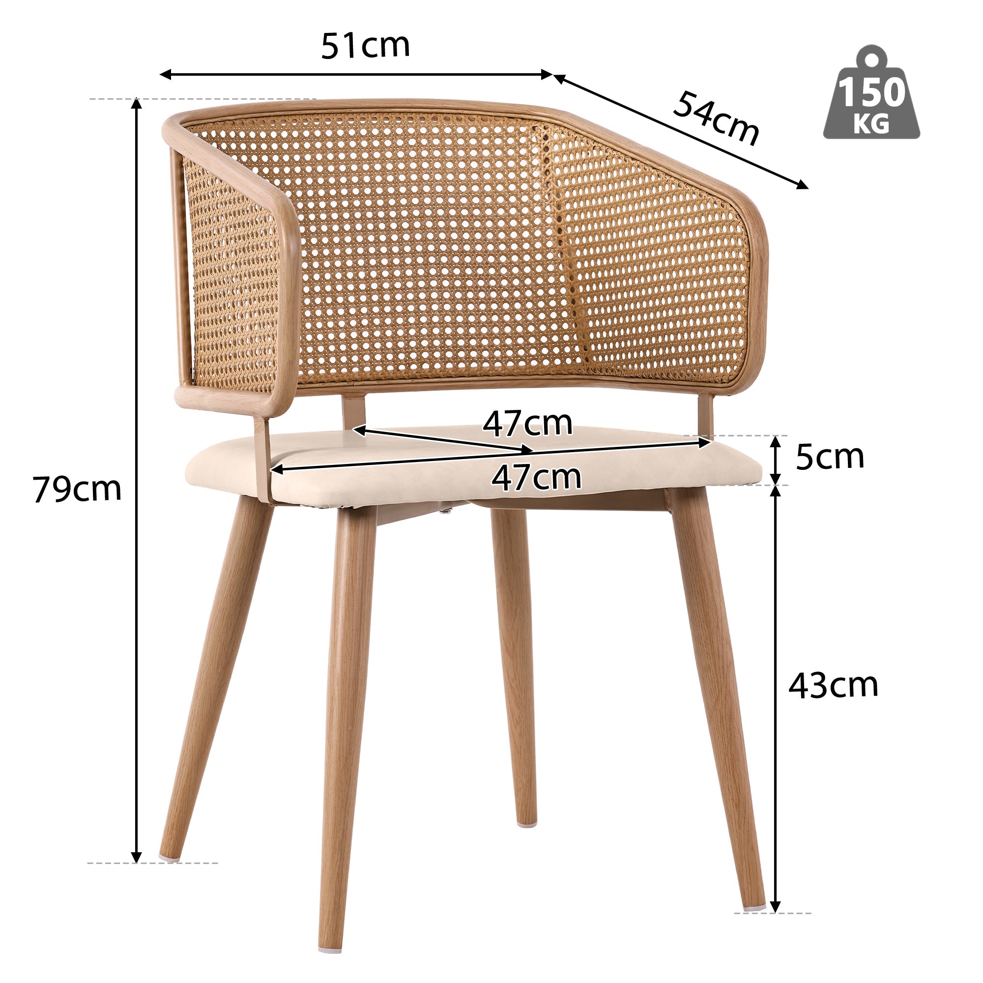 Logidon dining chairs with rattan backrest and PU leather cushions beige