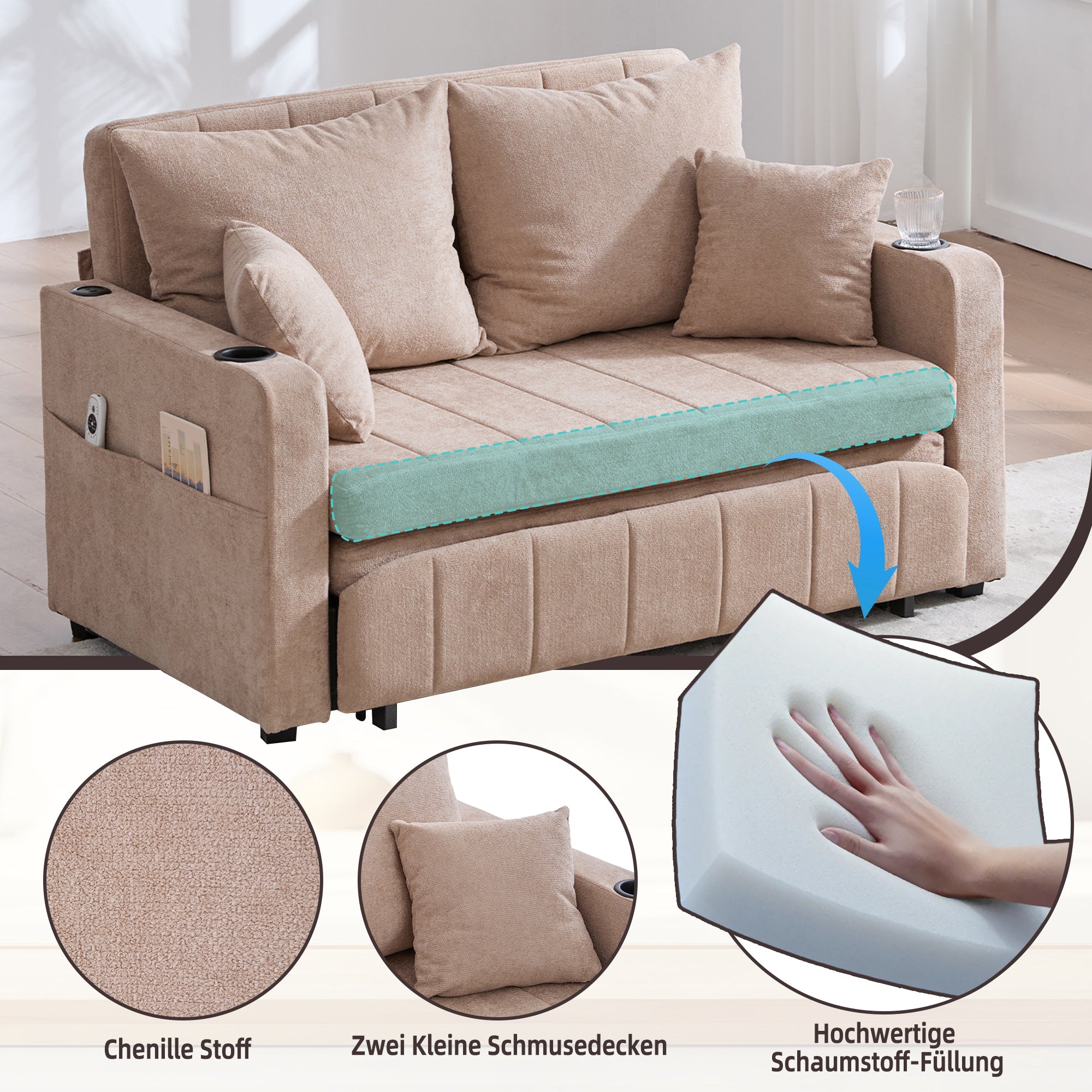 Logidon multifunctionele stoffen bank Khaki Velvet met USB-oplaadfunctie