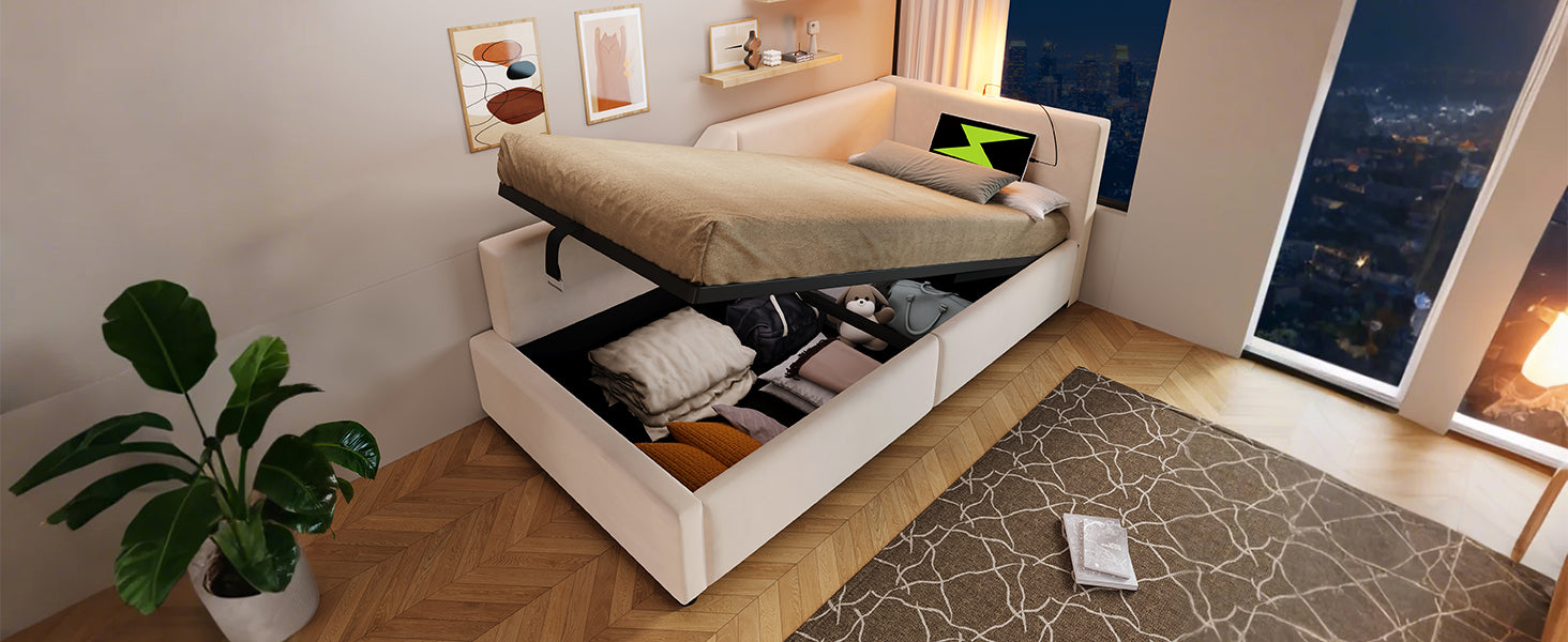 Logidon fluwelen dagbed 90x190 beige met opbergruimte, USB-C, leeslampje