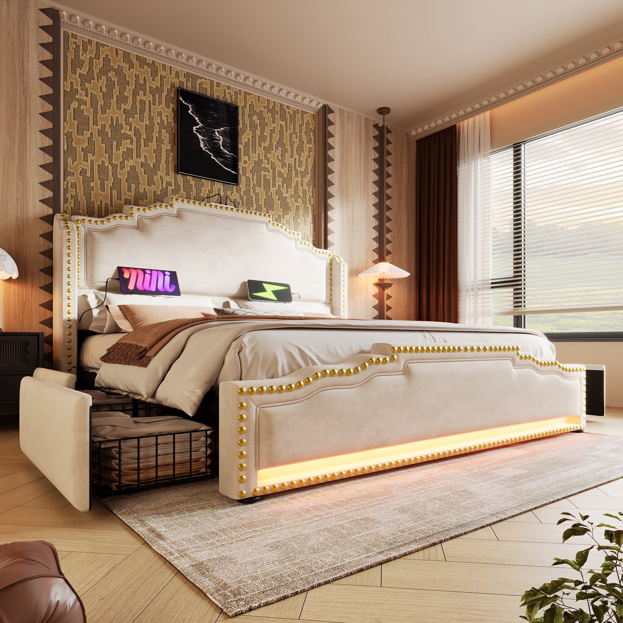 Logidon gestoffeerd bed 160x200 beige fluweel met 4 lades LED USB C