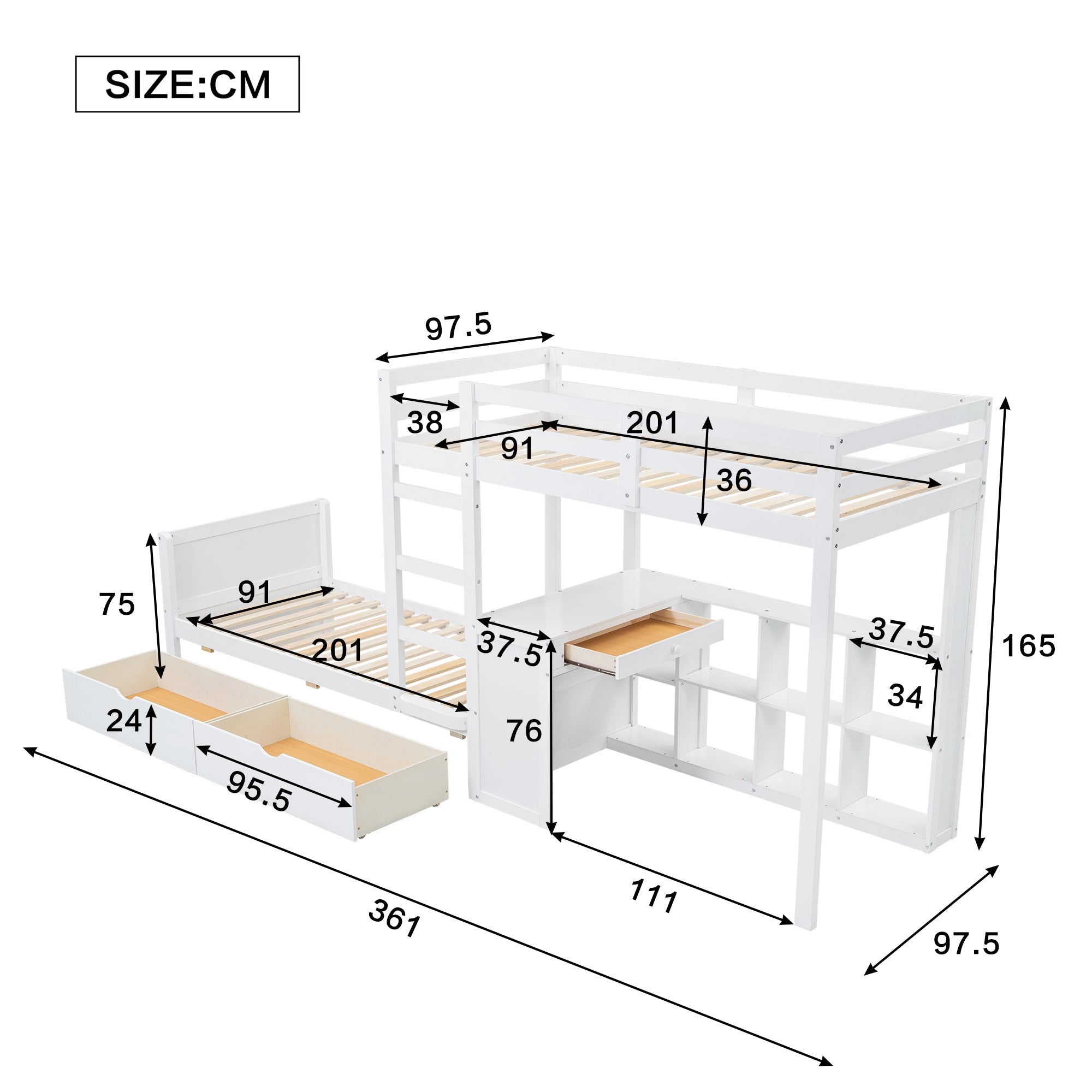 Logidon stapelbed 90x200 cm witte drietrapsladder met bureau