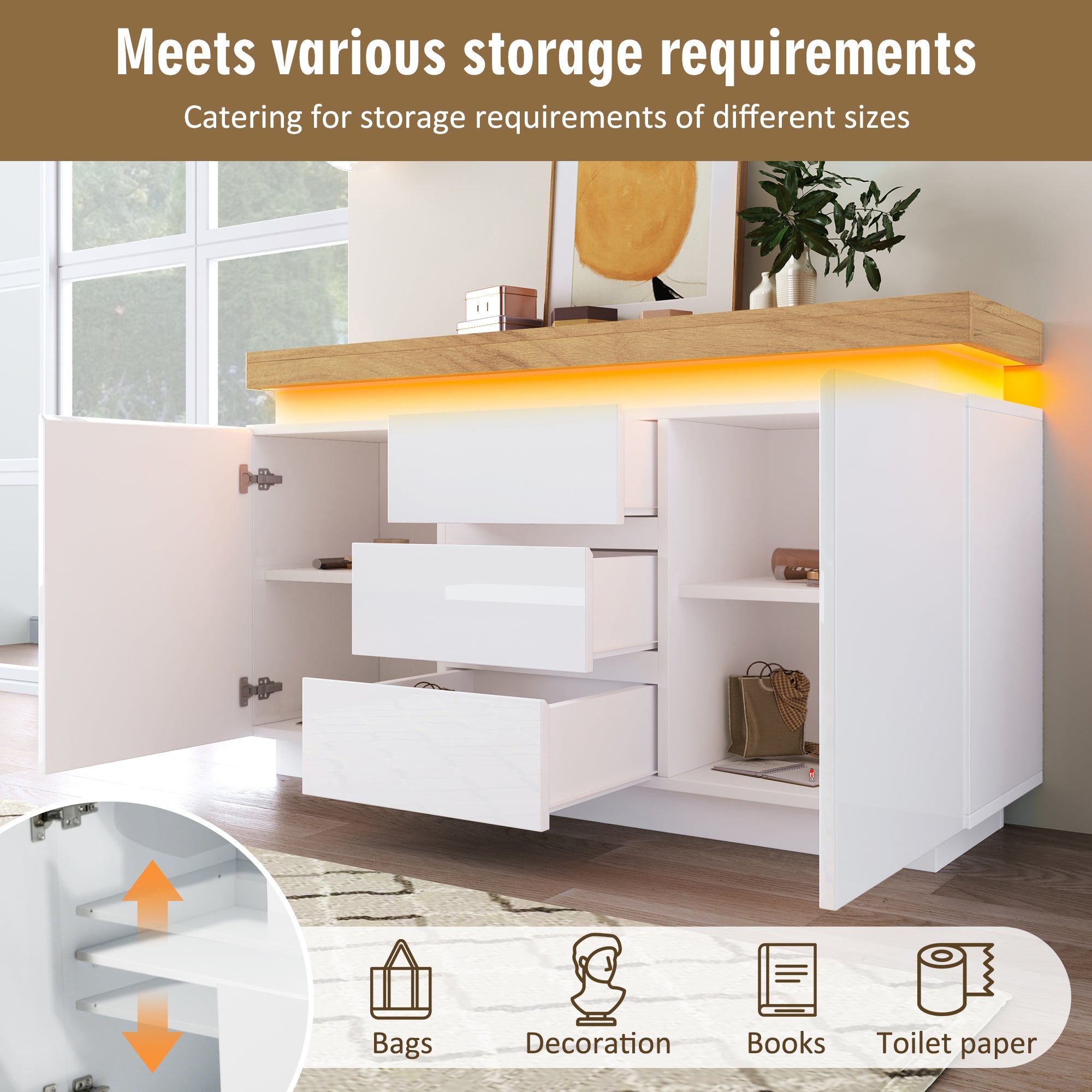 Logidon Wit Dressoir Met LED Verlichting 2 Deurs 3 Lades