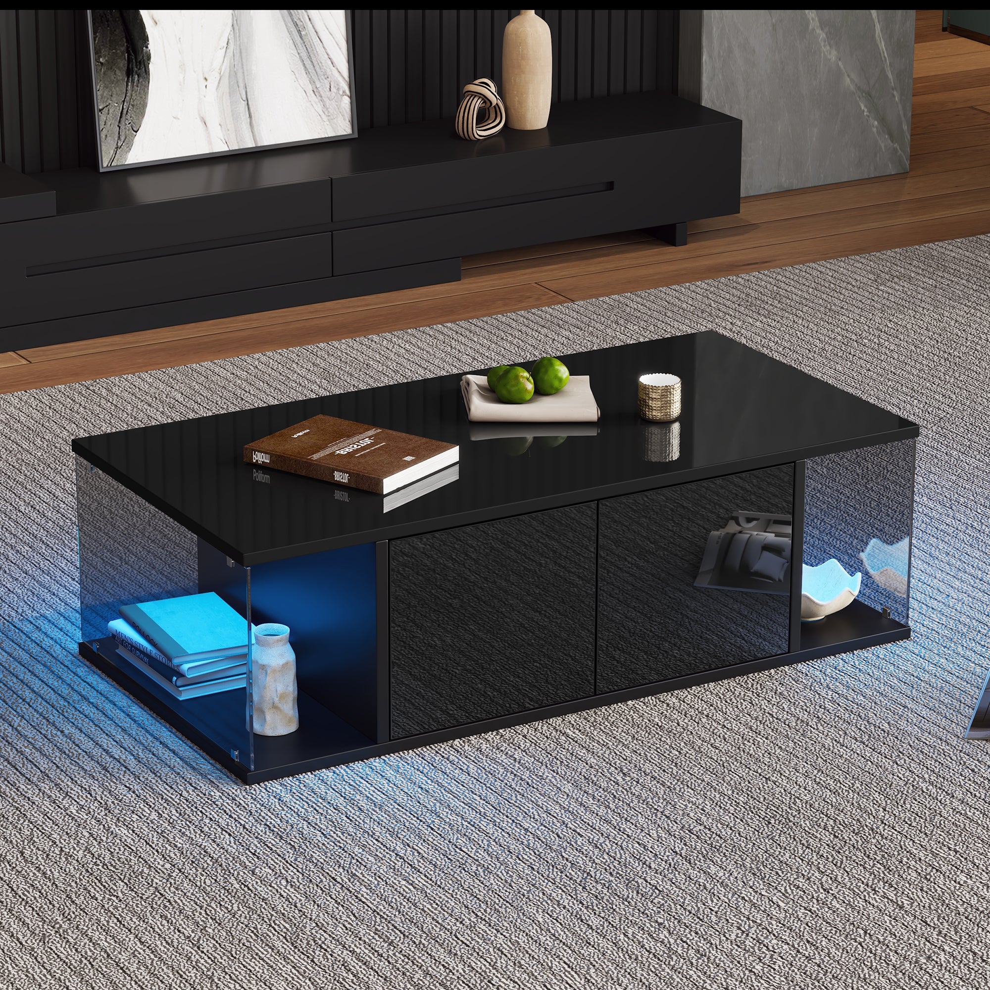 Logidon salontafel 100x50x30 cm zwart hoogglans LED 2 kasten