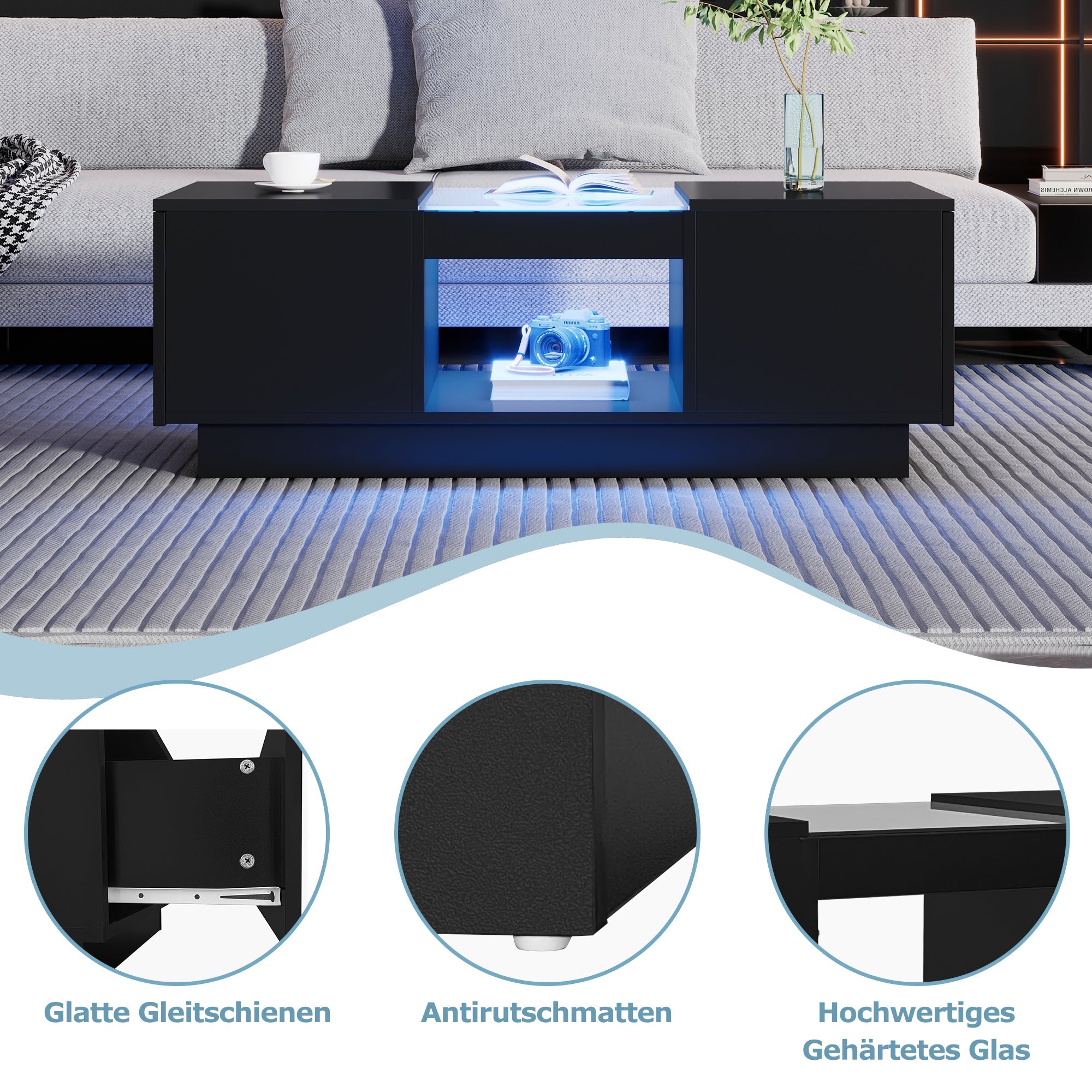 Logidon Zwarte salontafel 100x50x35,5 cm glaspanelen LED