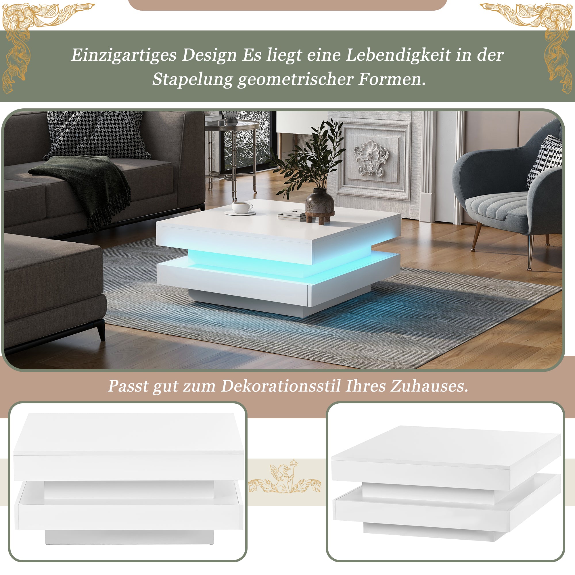 Logidon witte hoogglans salontafel 70x70x36 cm met draaiplaat en 16-kleuren LED