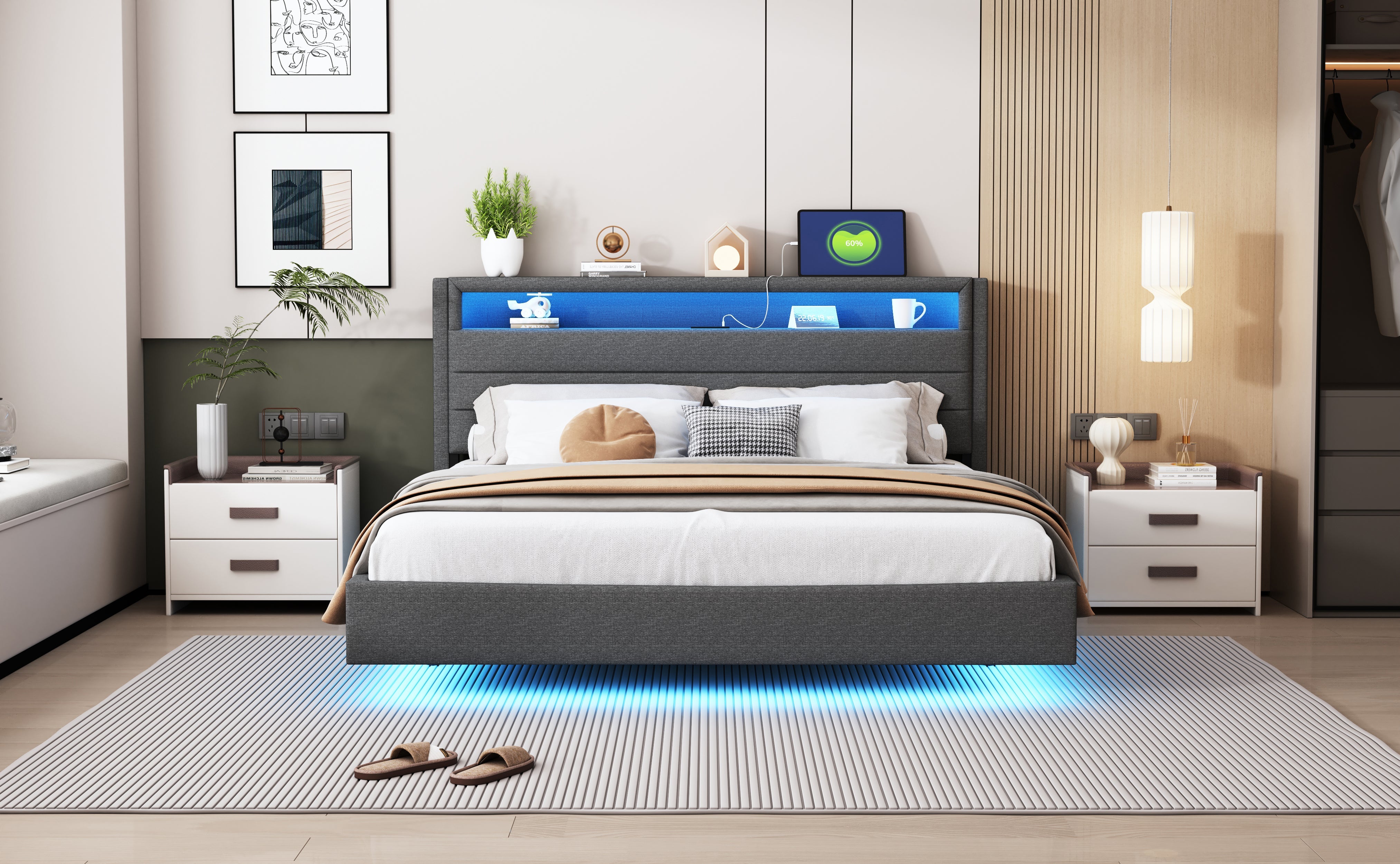 Logidon gestoffeerd bed 160x200 linnen stof USB Omkeerbaar LED-hoofdeinde