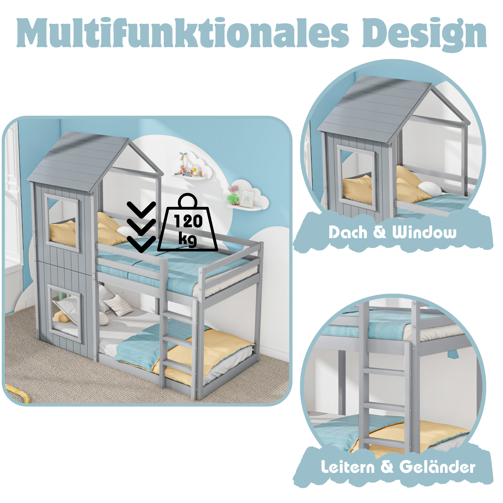Logidon stapelbed 90x200 cm grijs huisbed met ladderhemel