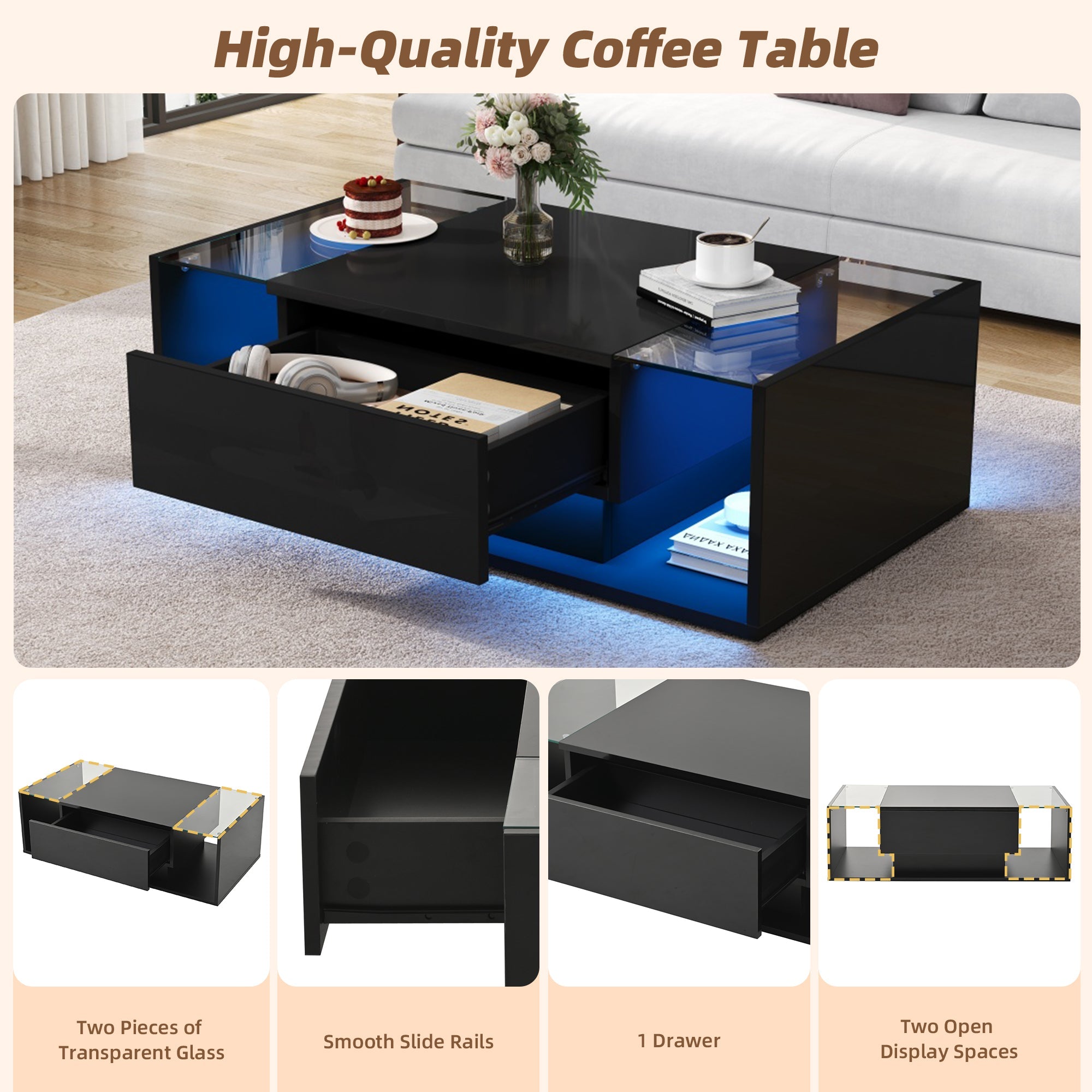 Logidon Zwarte hoogglans salontafel 100x50x31 cm met lade LED lichtstrip