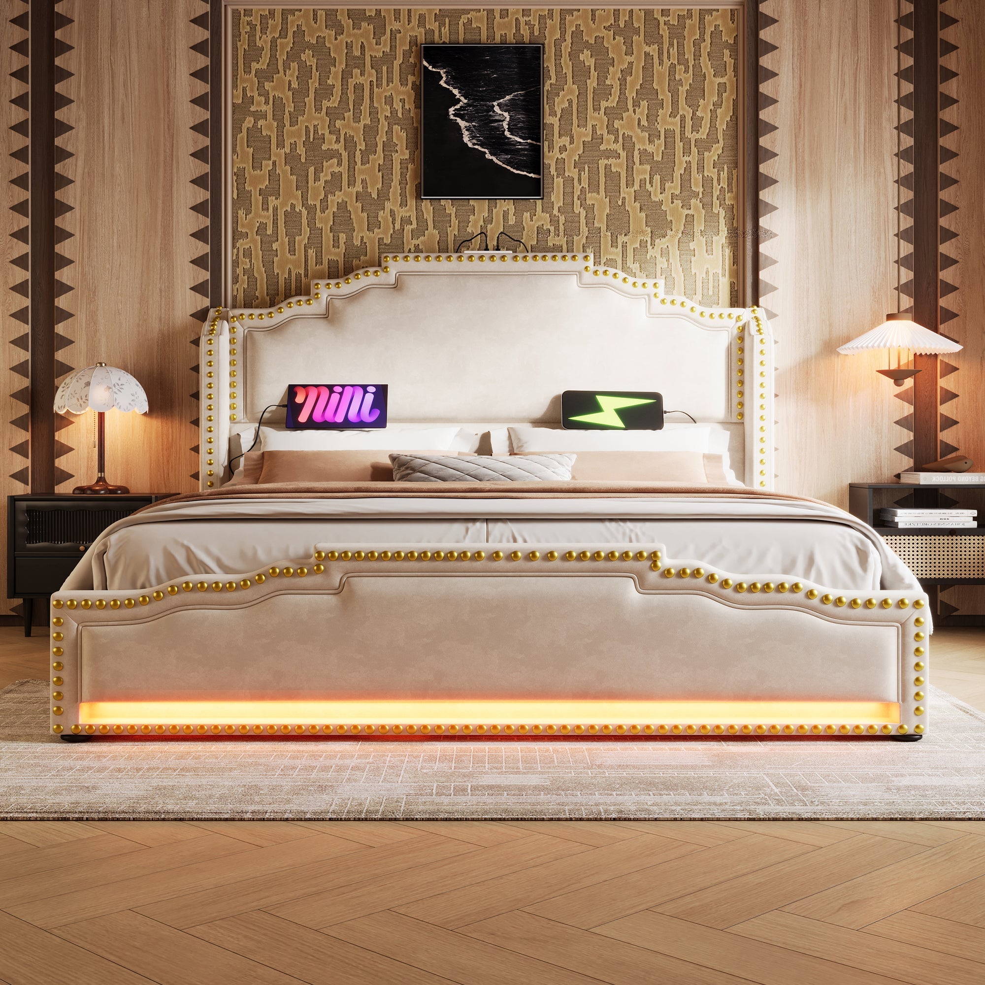 Logidon gestoffeerd bed 140x200 beige LED USB C 4 lades met matras
