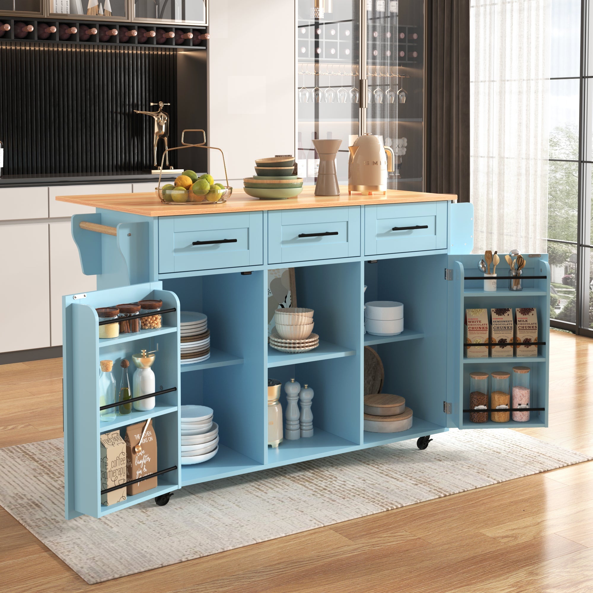 Logidon Eetwagen Blauw Massief Houten Werkblad Opvouwbaar 139x46x91,5 cm