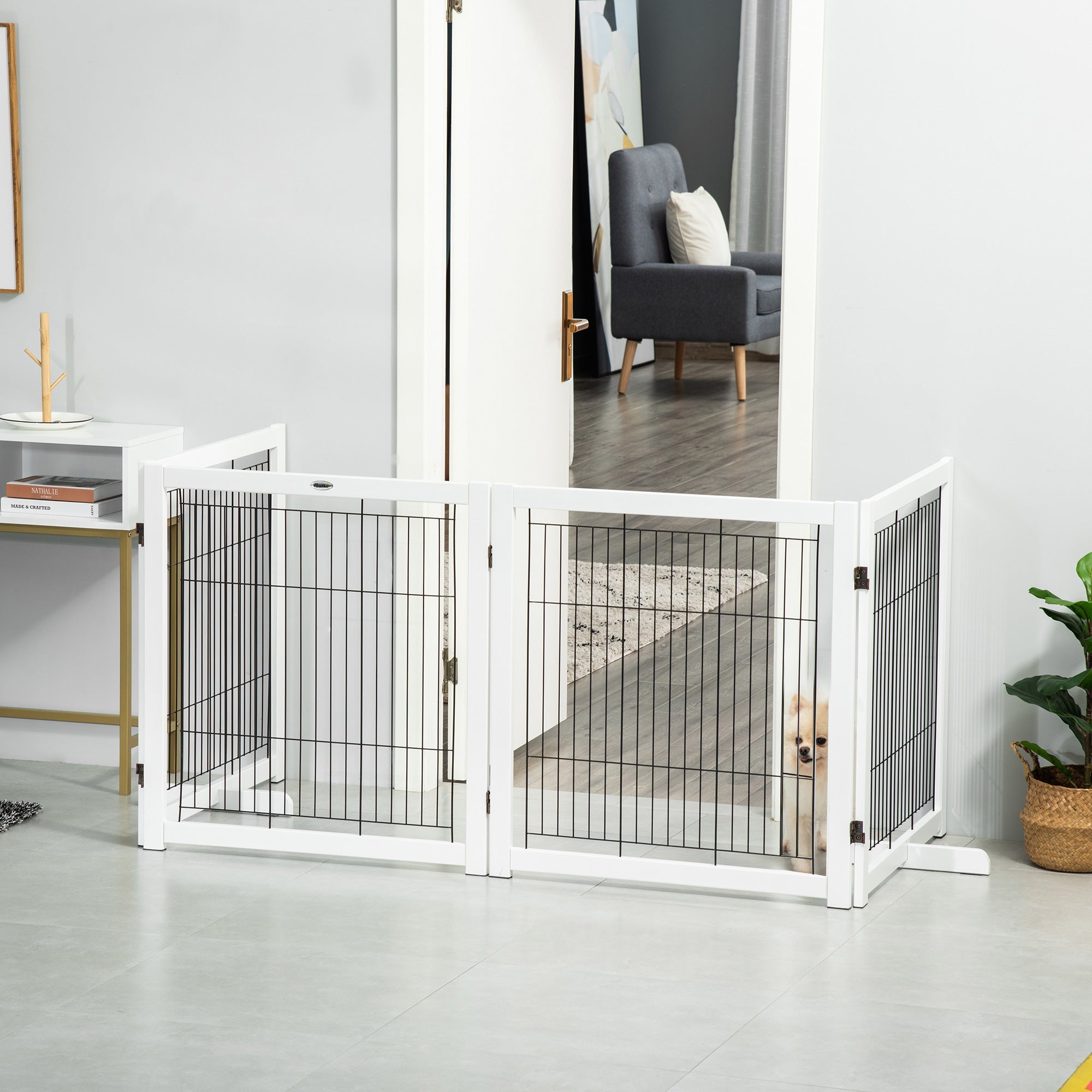 Logidon PawHut deurbescherming poort hout wit vierdelig 305 x 35,5 x 82 cm