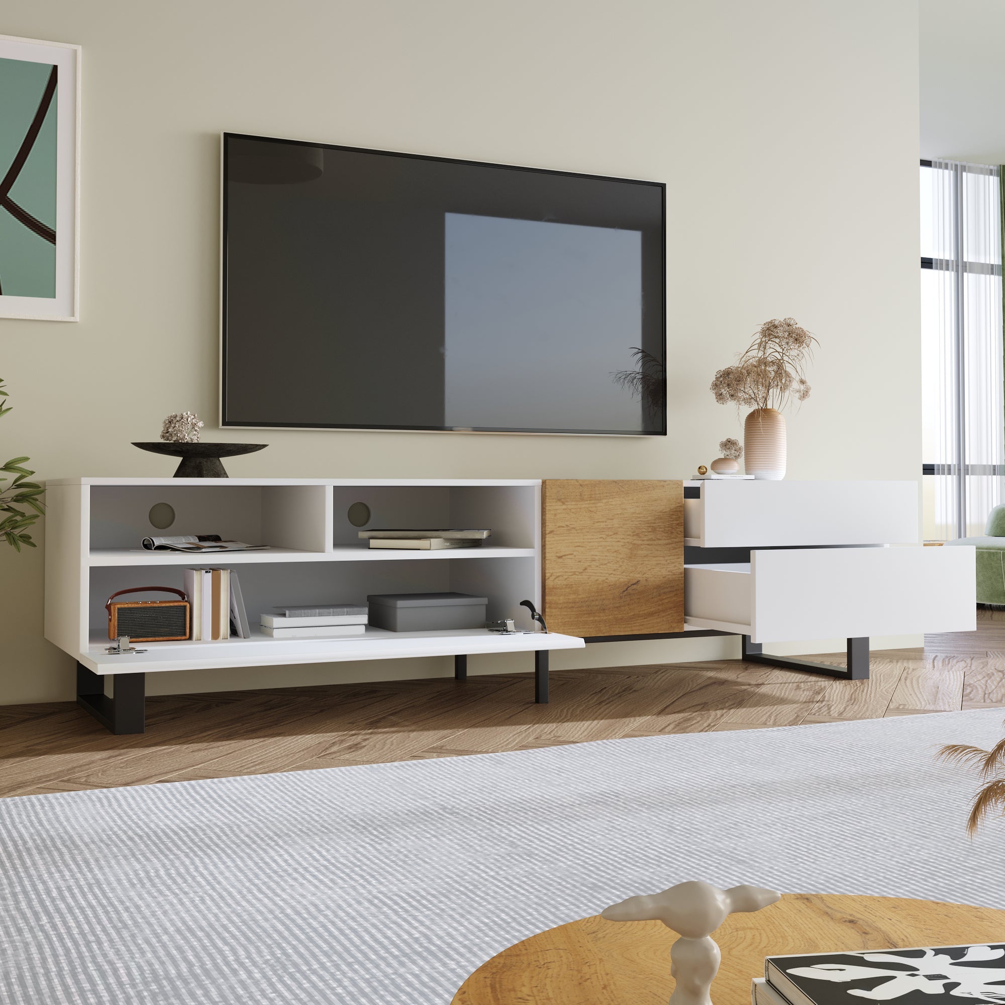 Logidon Modern TV cabinet white wood look 180x50x38 cm