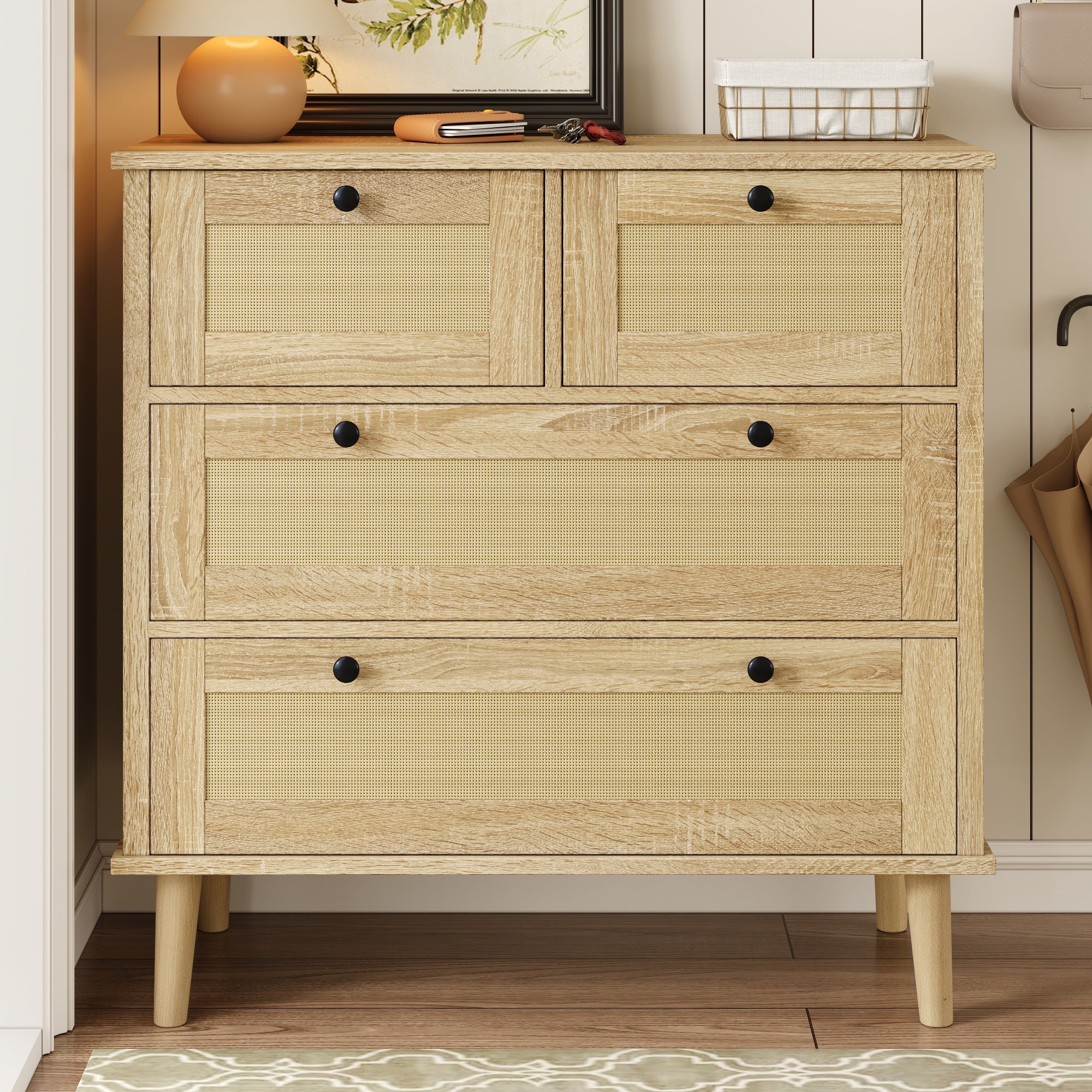 Logidon ladekast met 4 lades en rotan front naturel 80x40x80 cm