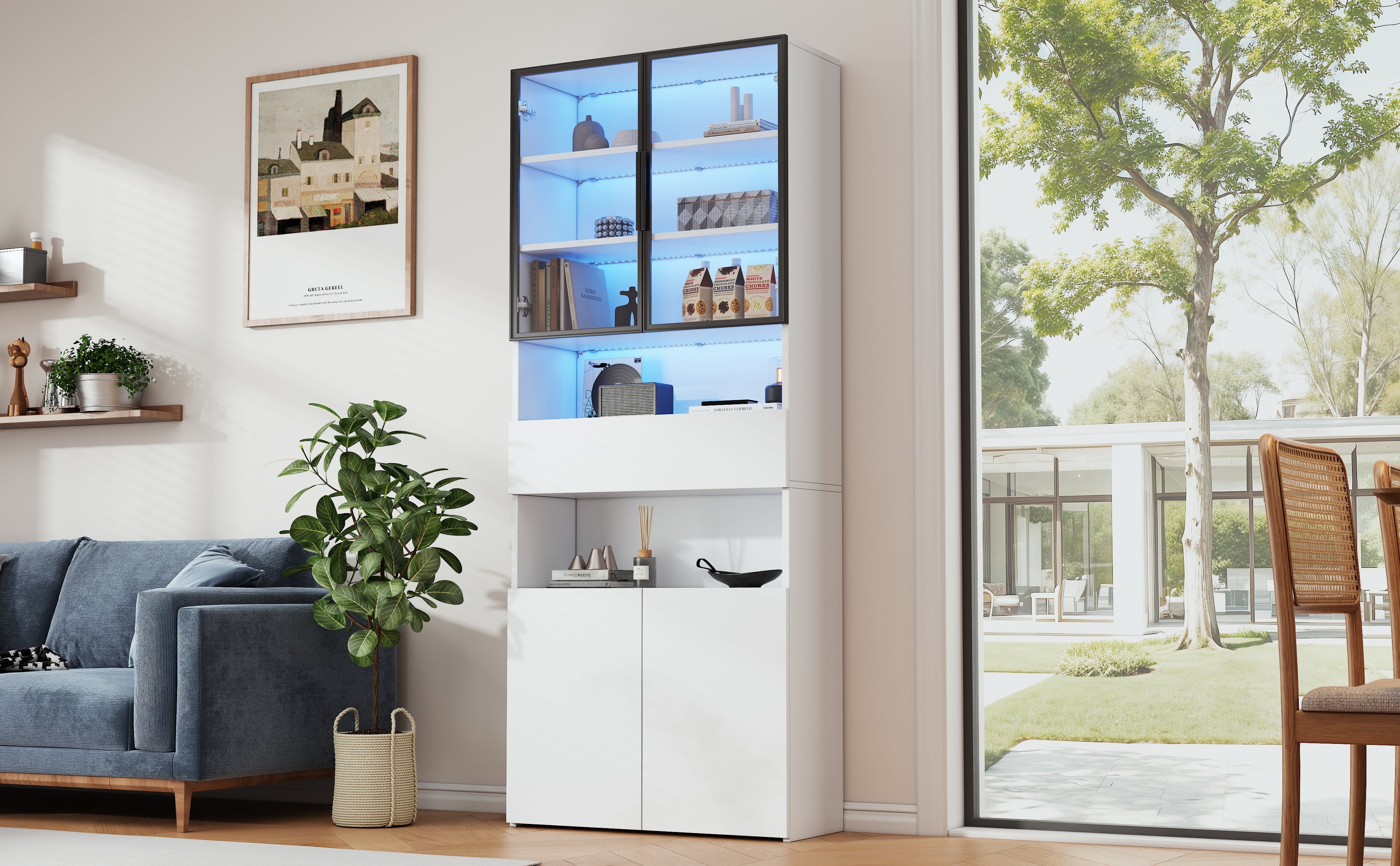 Logidon vitrinekast 70x30x200 cm witte LED glazen vitrinekast met lade