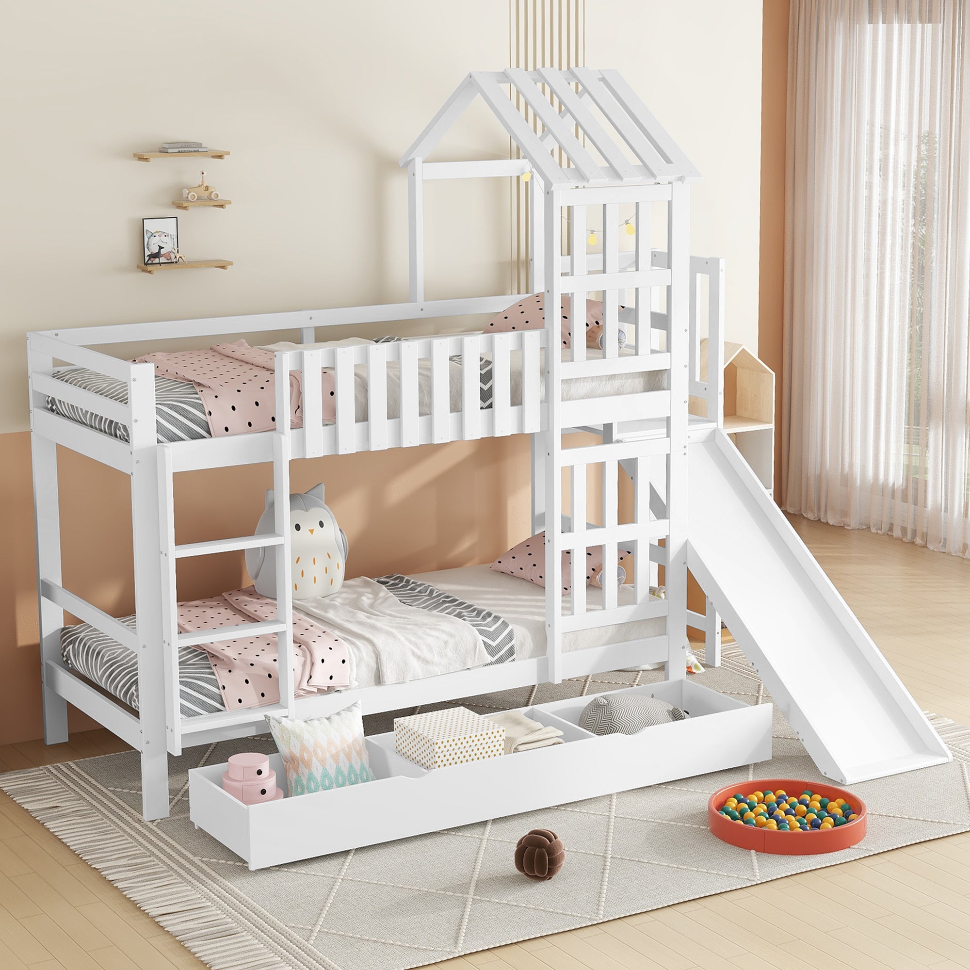 Logidon stapelbed met glijbaan en grote lade 90x200 wit