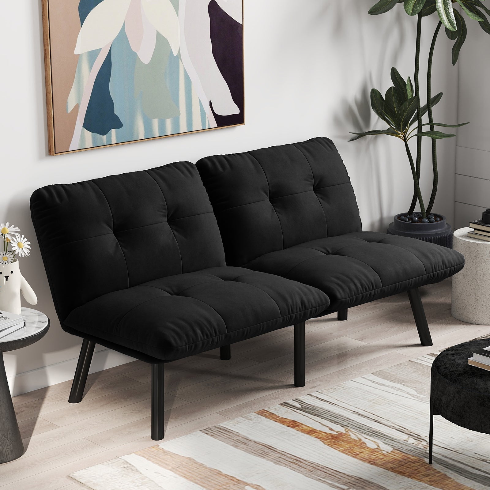 Logidon zwarte moderne slaapbank, 2-zits futon met slaapfunctie